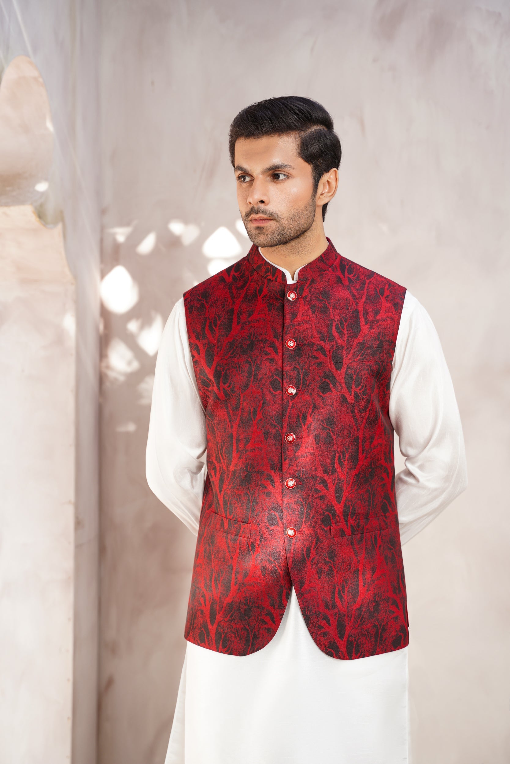 Red self  Design Jaquard waistcoat