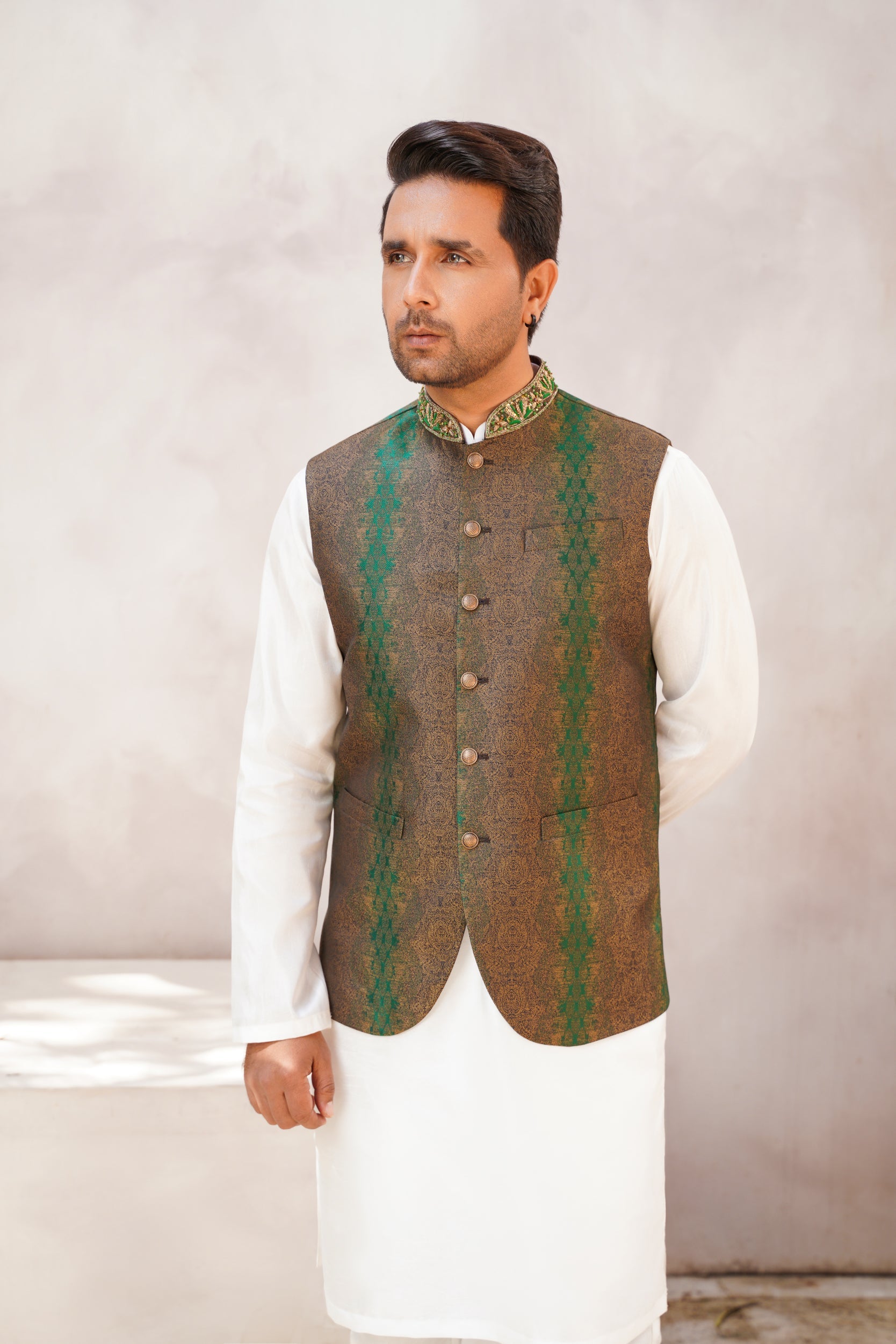 Embellished ban green brown waistcoat