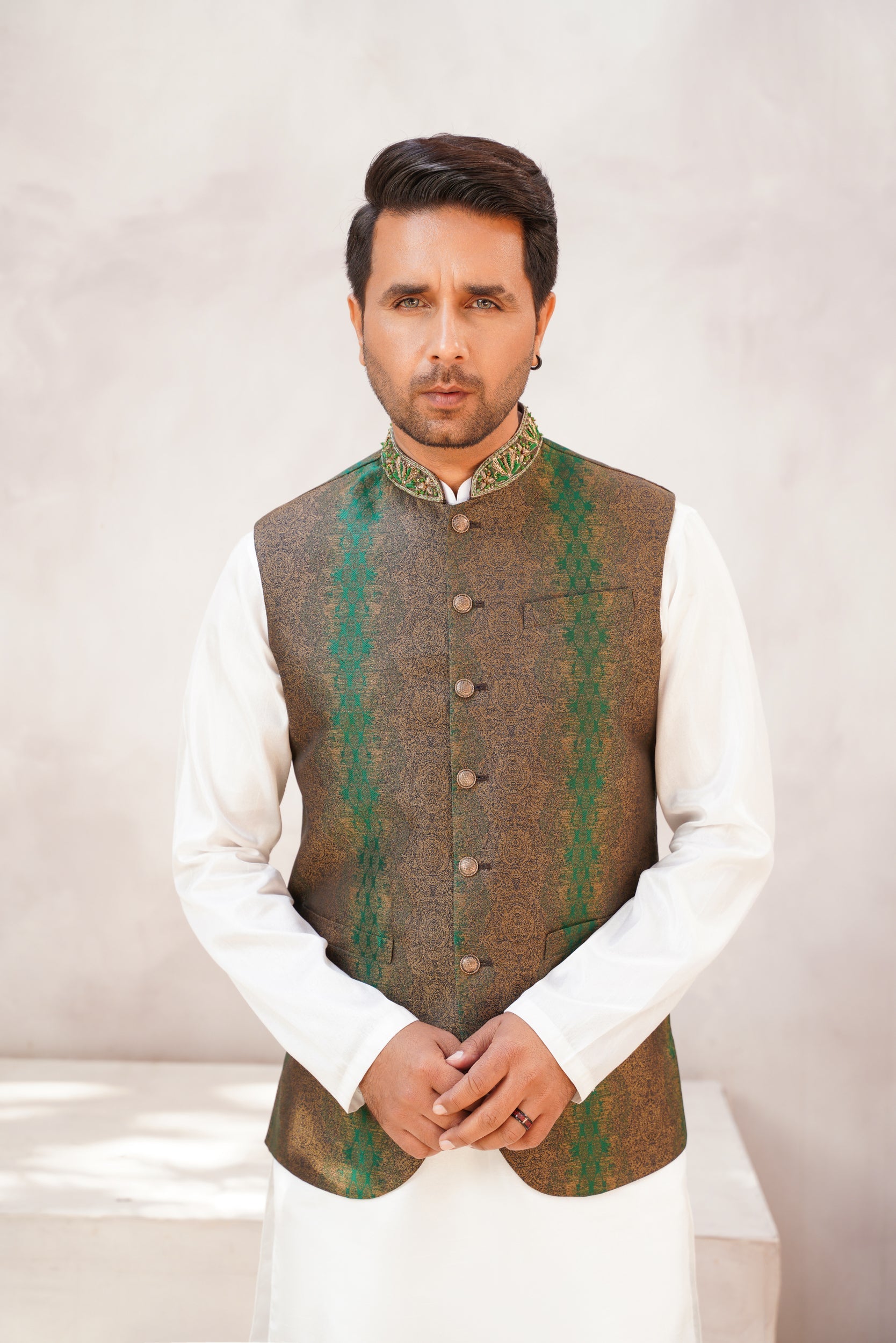 Embellished ban green brown waistcoat