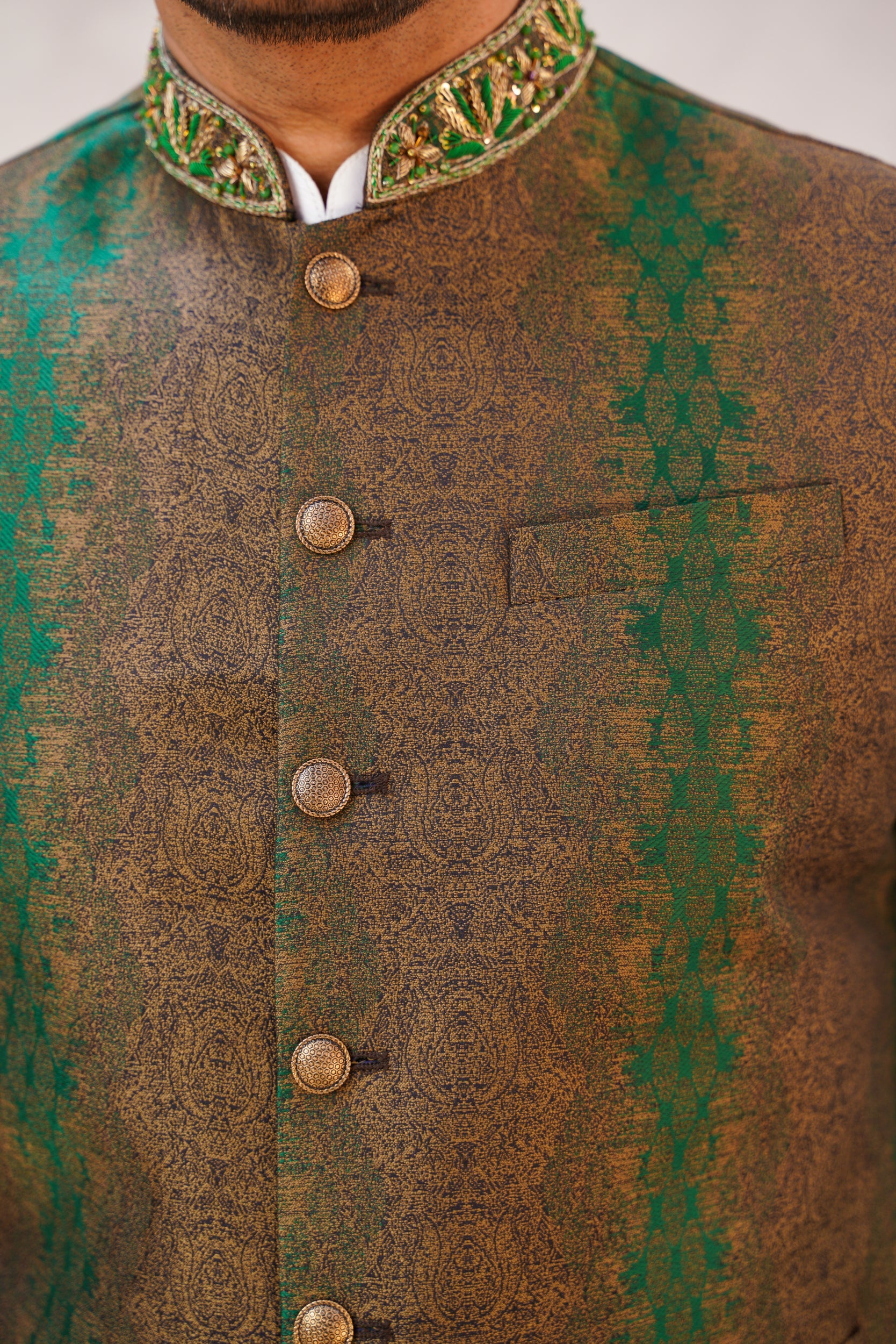 Embellished ban green brown waistcoat