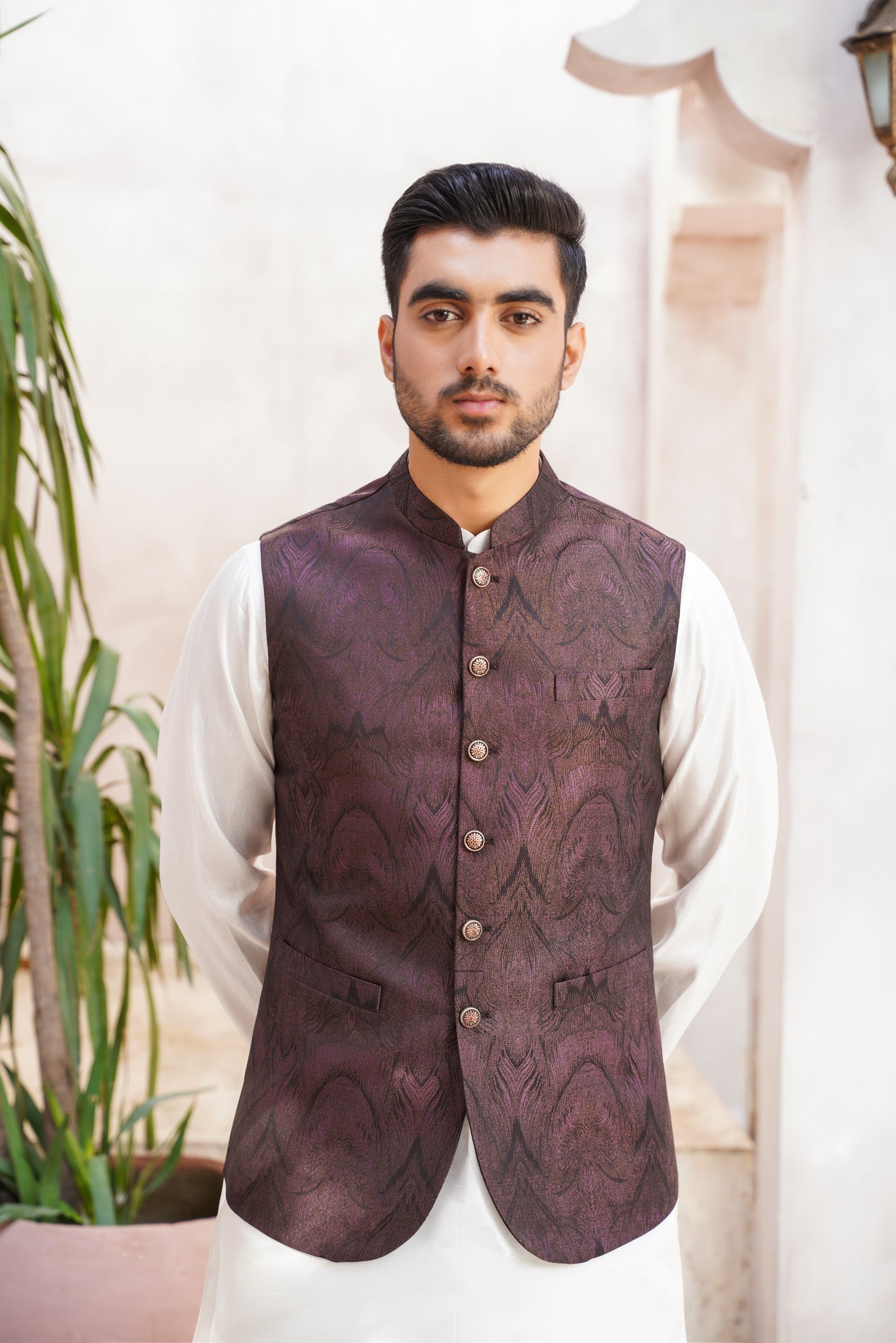 Maroon black self patterned waistcoat