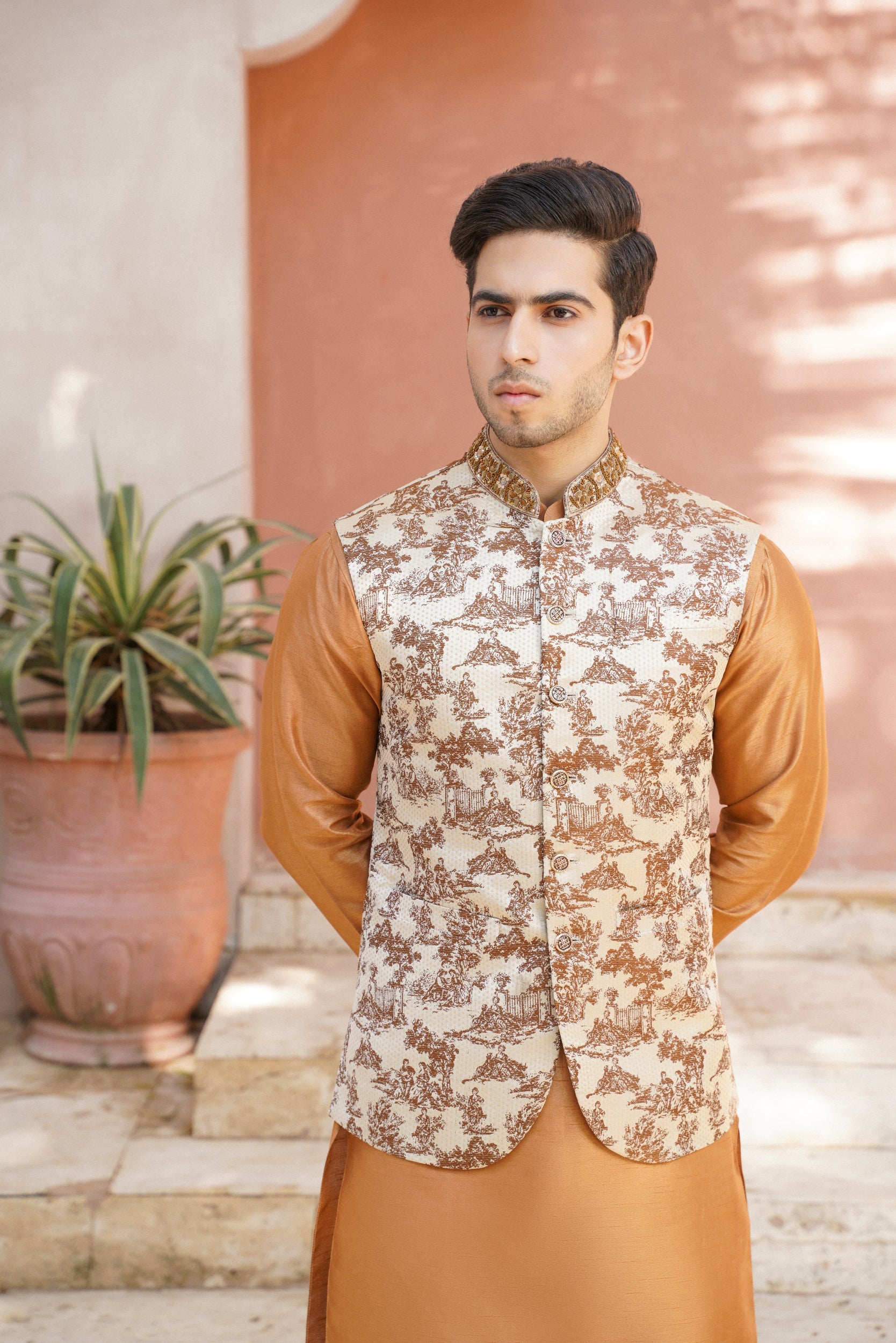 Embroidered ban golden orange waistcoat