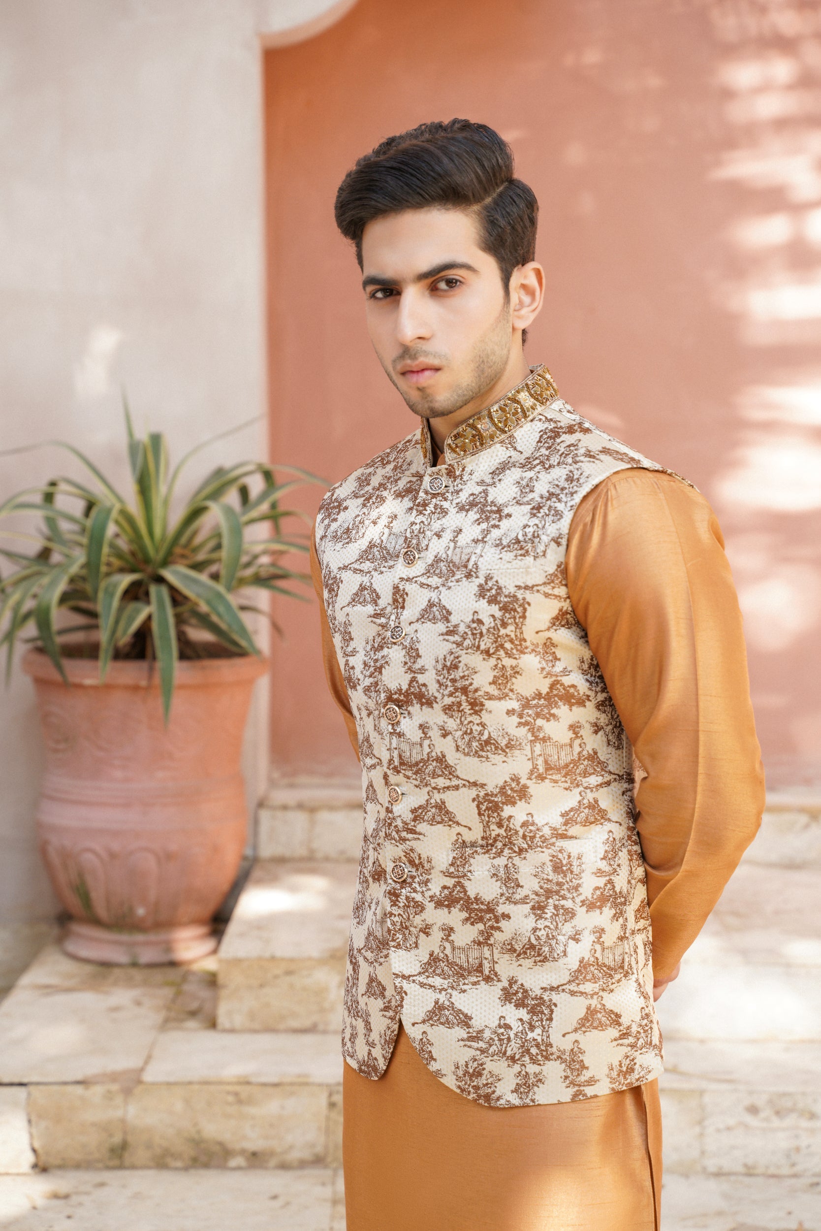 Embroidered ban golden orange waistcoat