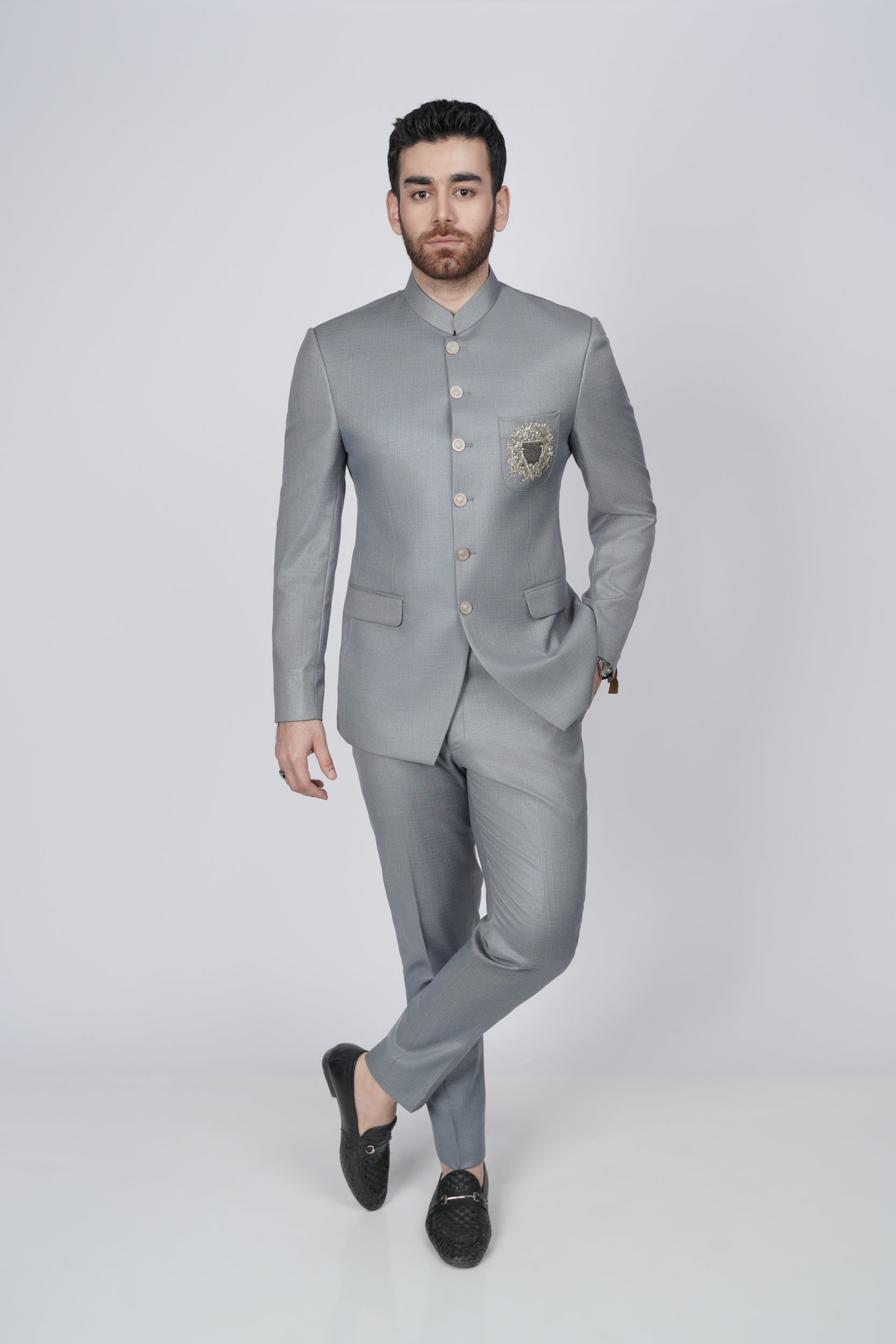 Elegant Gray Embroidered pocket prince suit