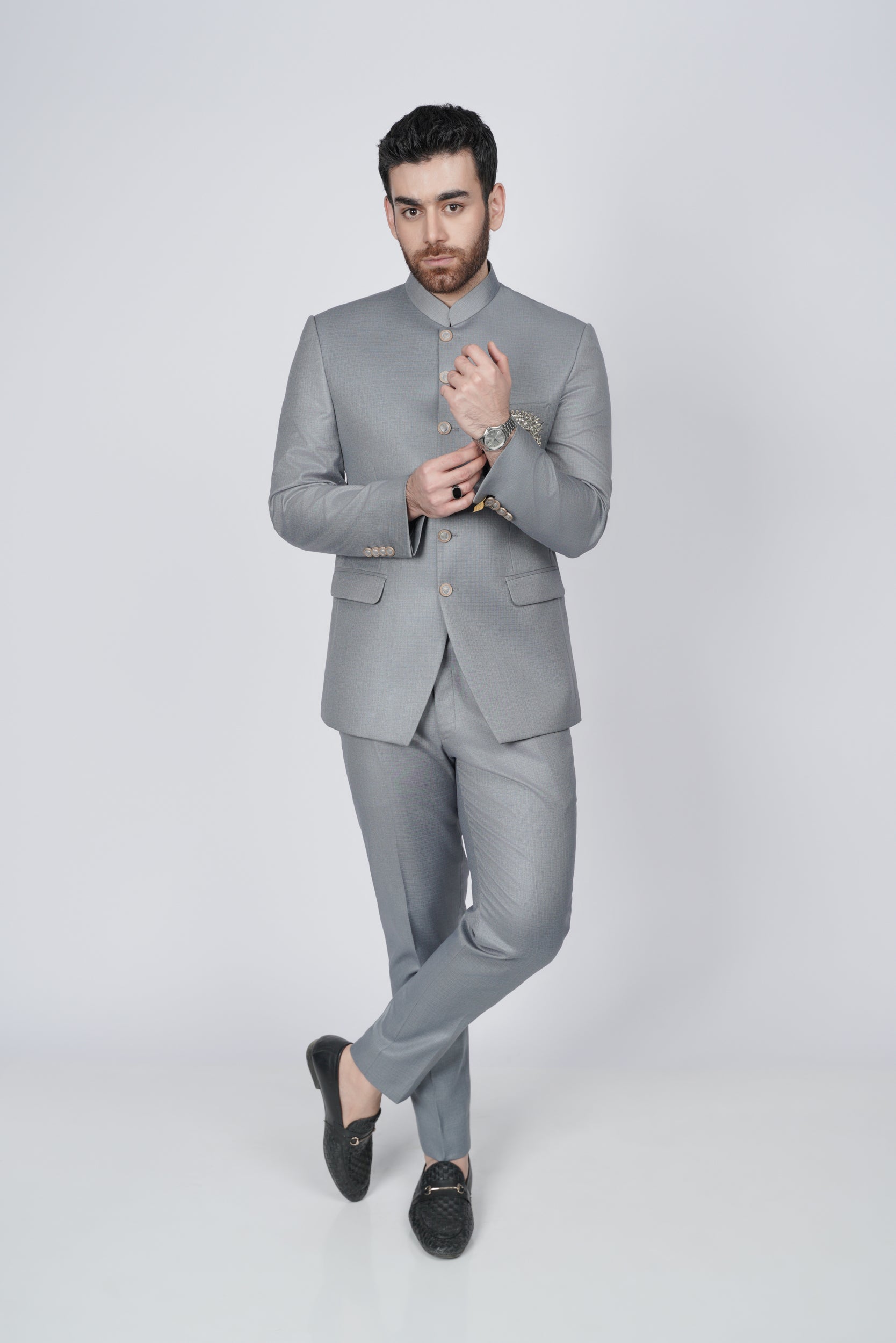 Elegant Gray Embroidered pocket prince suit