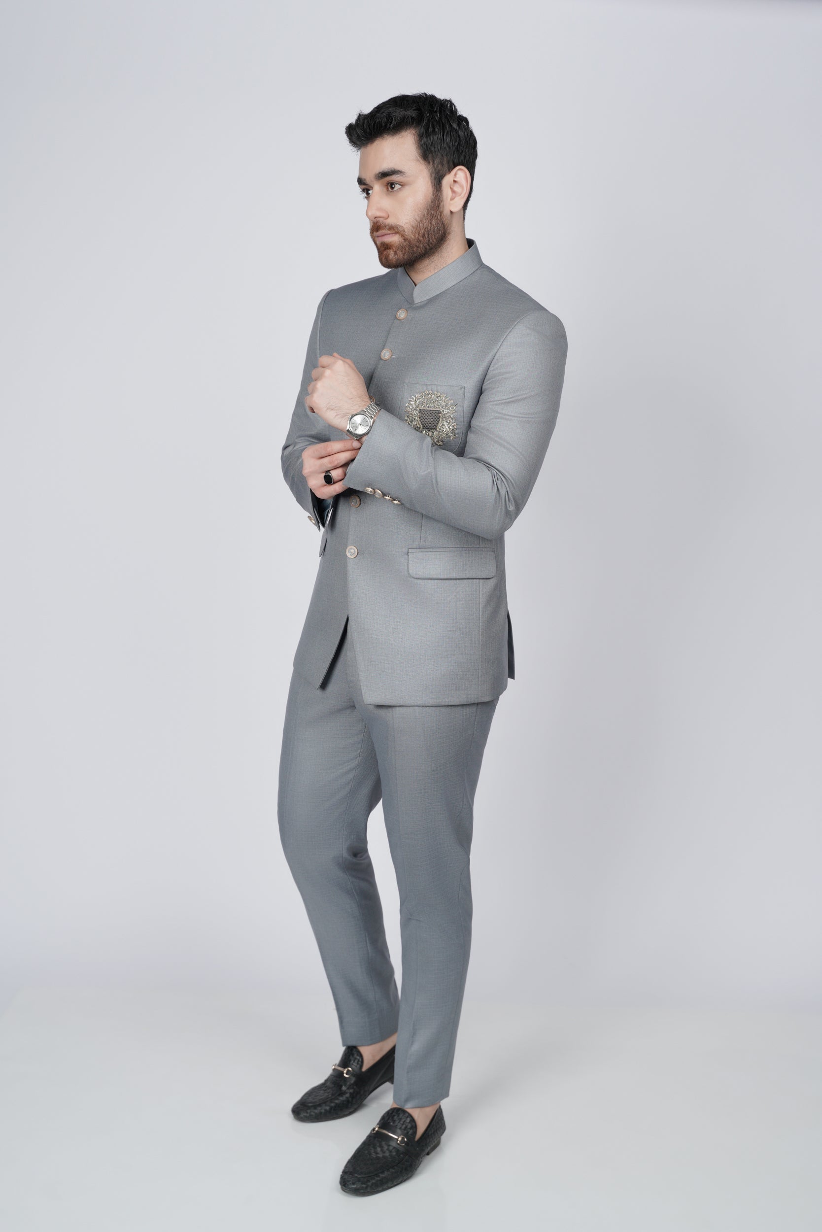 Elegant Gray Embroidered pocket prince suit