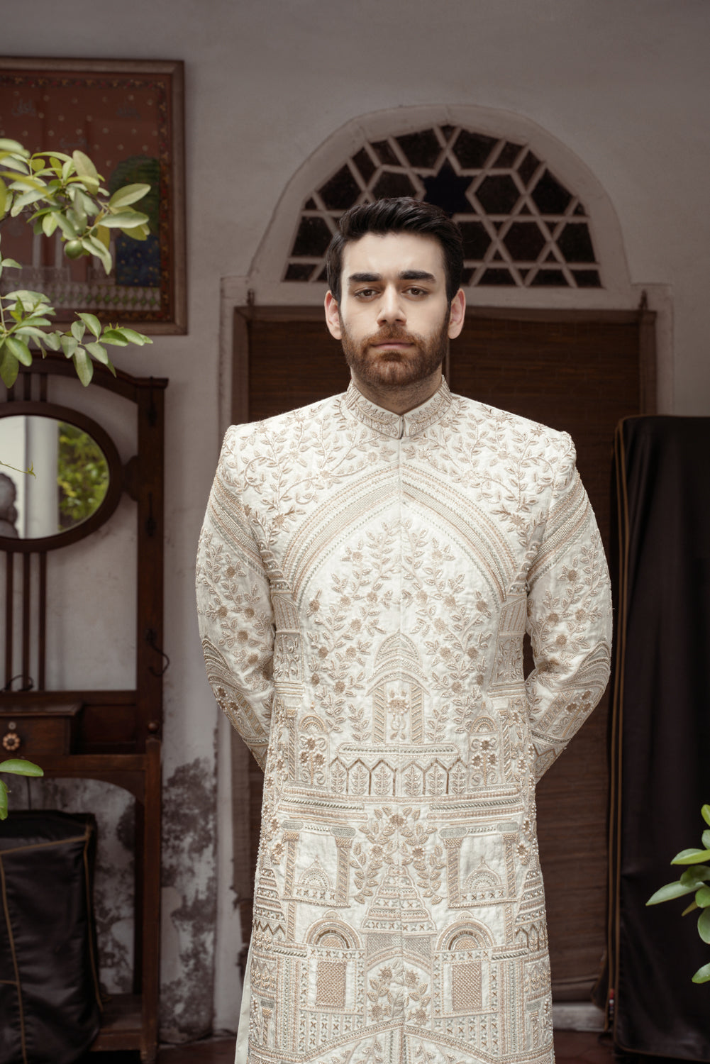 Offwhite Sherwani hand embellished