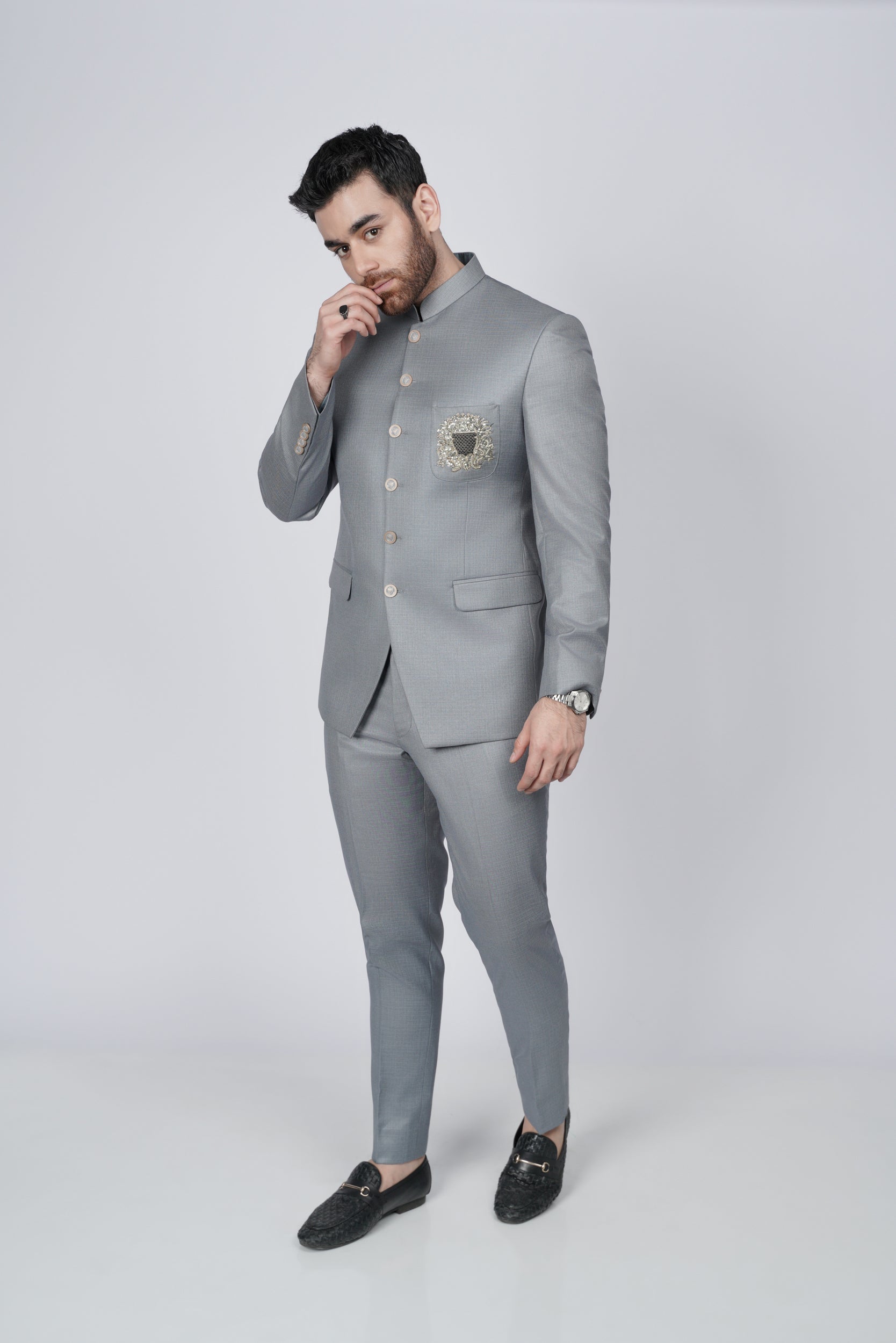 Elegant Gray Embroidered pocket prince suit