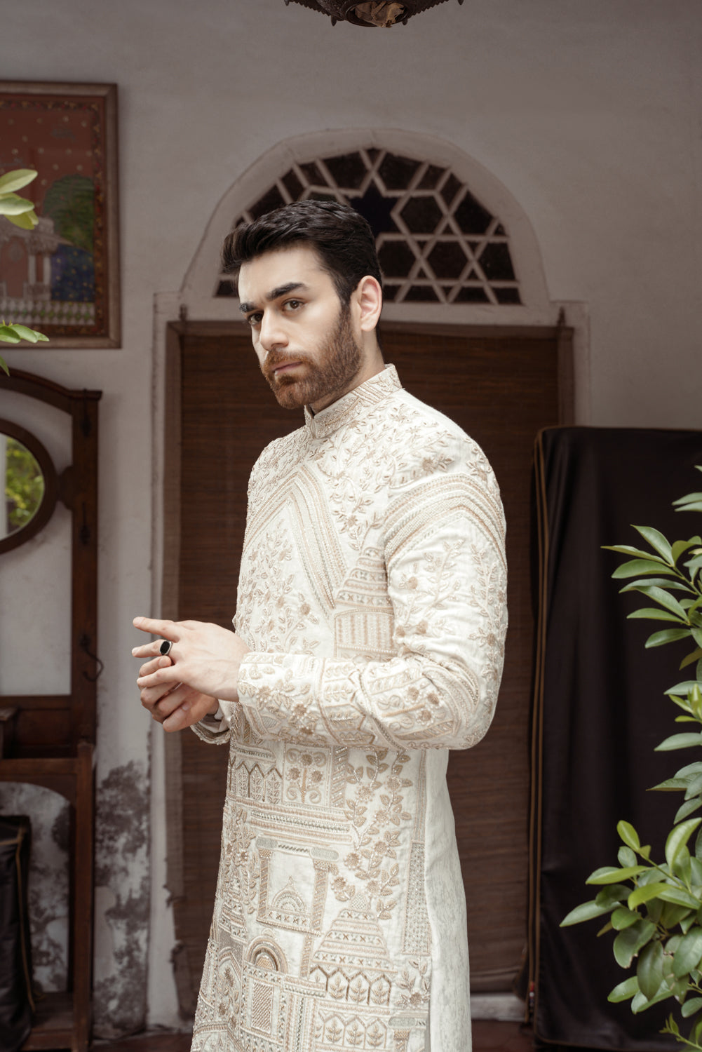 Offwhite Sherwani hand embellished