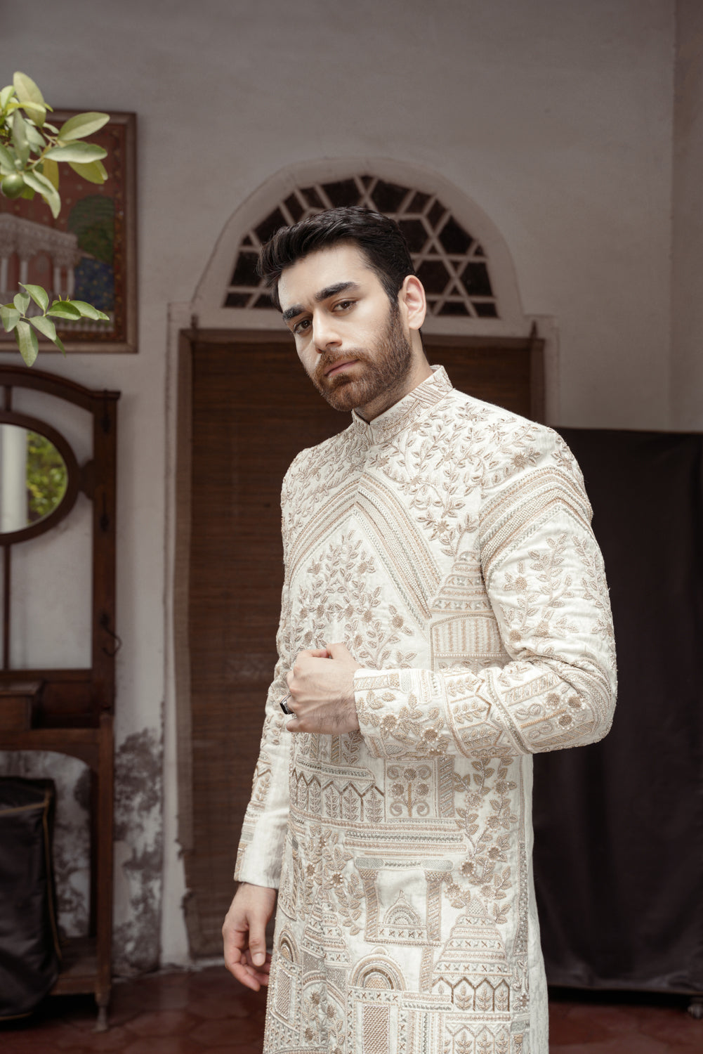 Offwhite Sherwani hand embellished