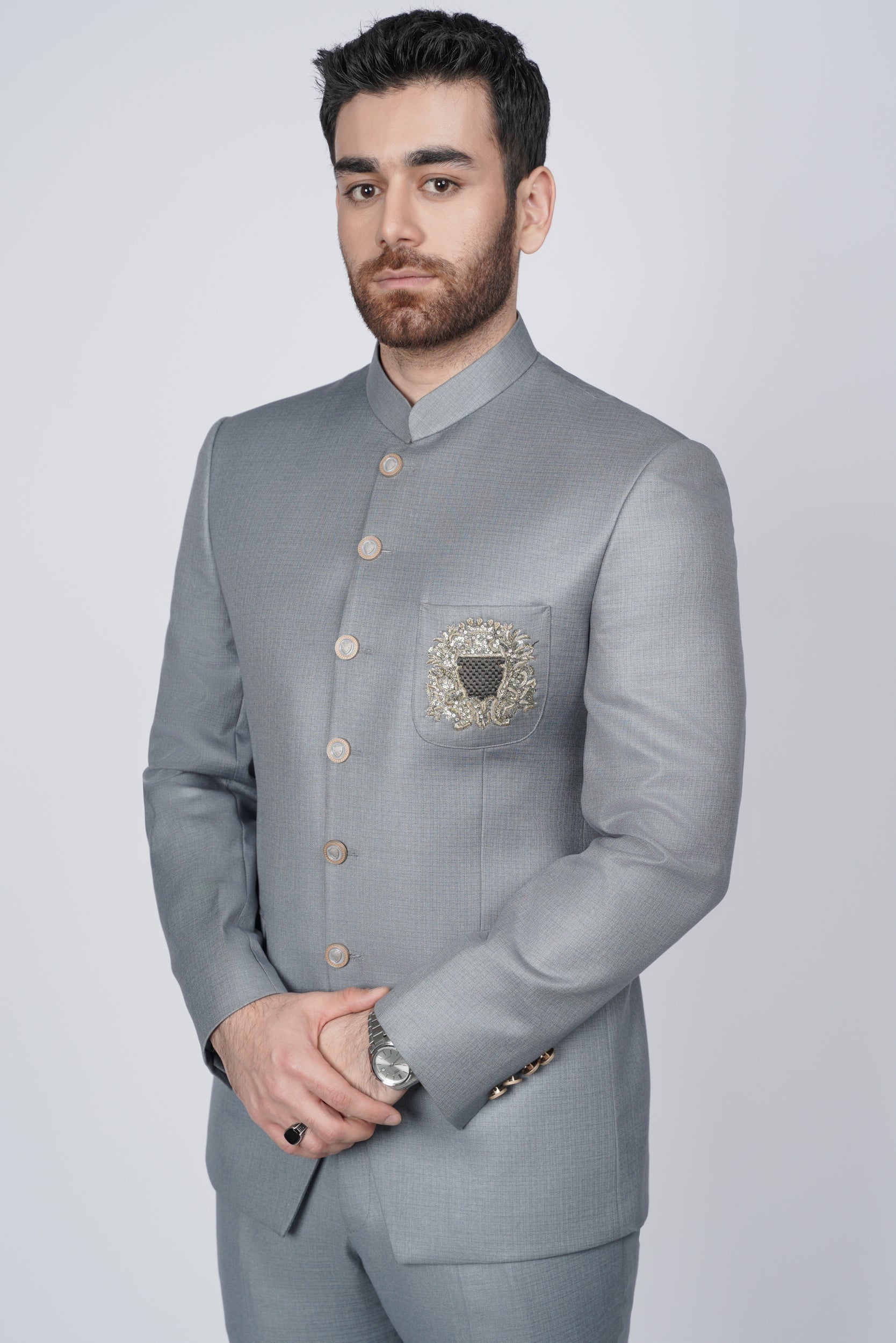 Elegant Gray Embroidered pocket prince suit