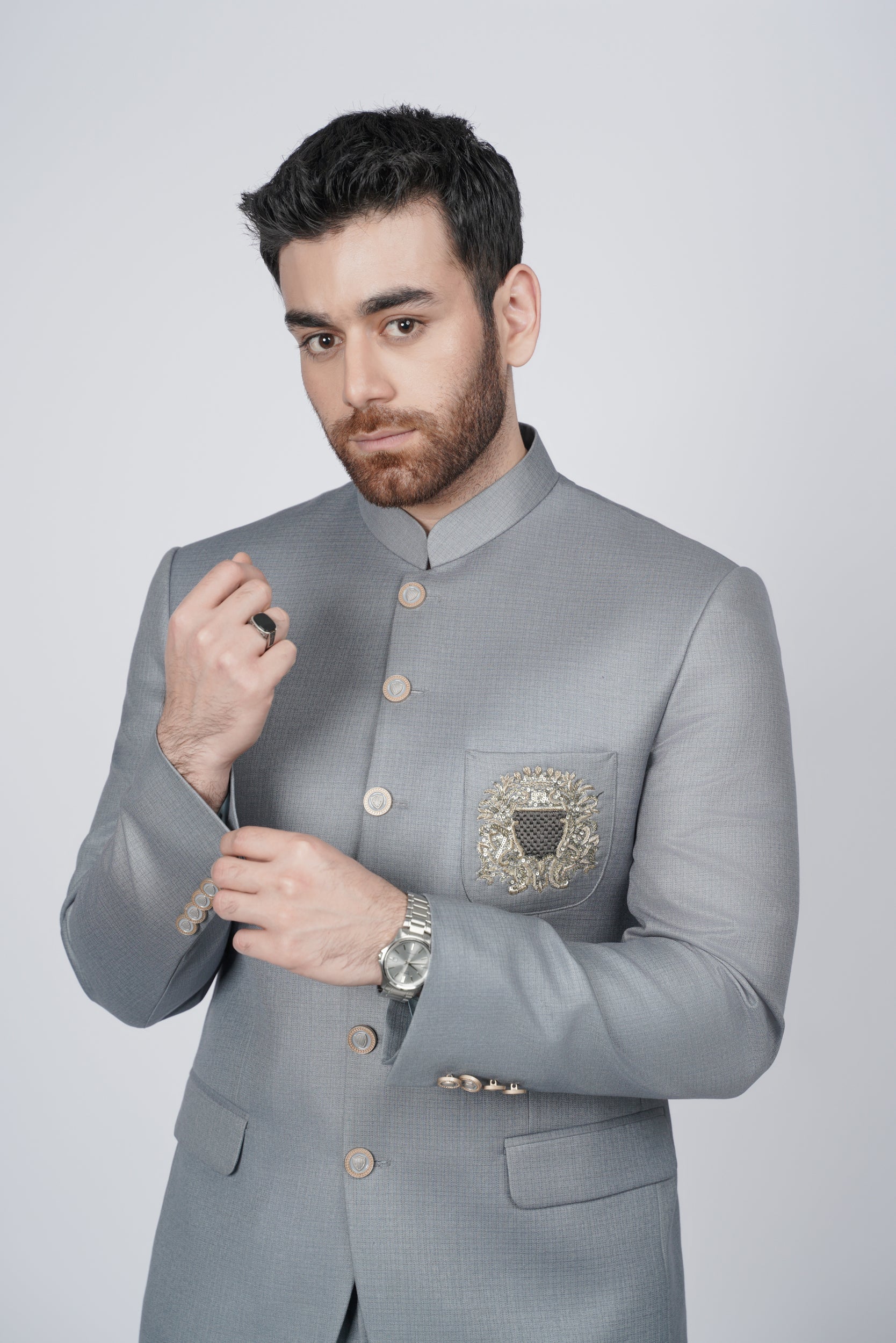 Elegant Gray Embroidered pocket prince suit