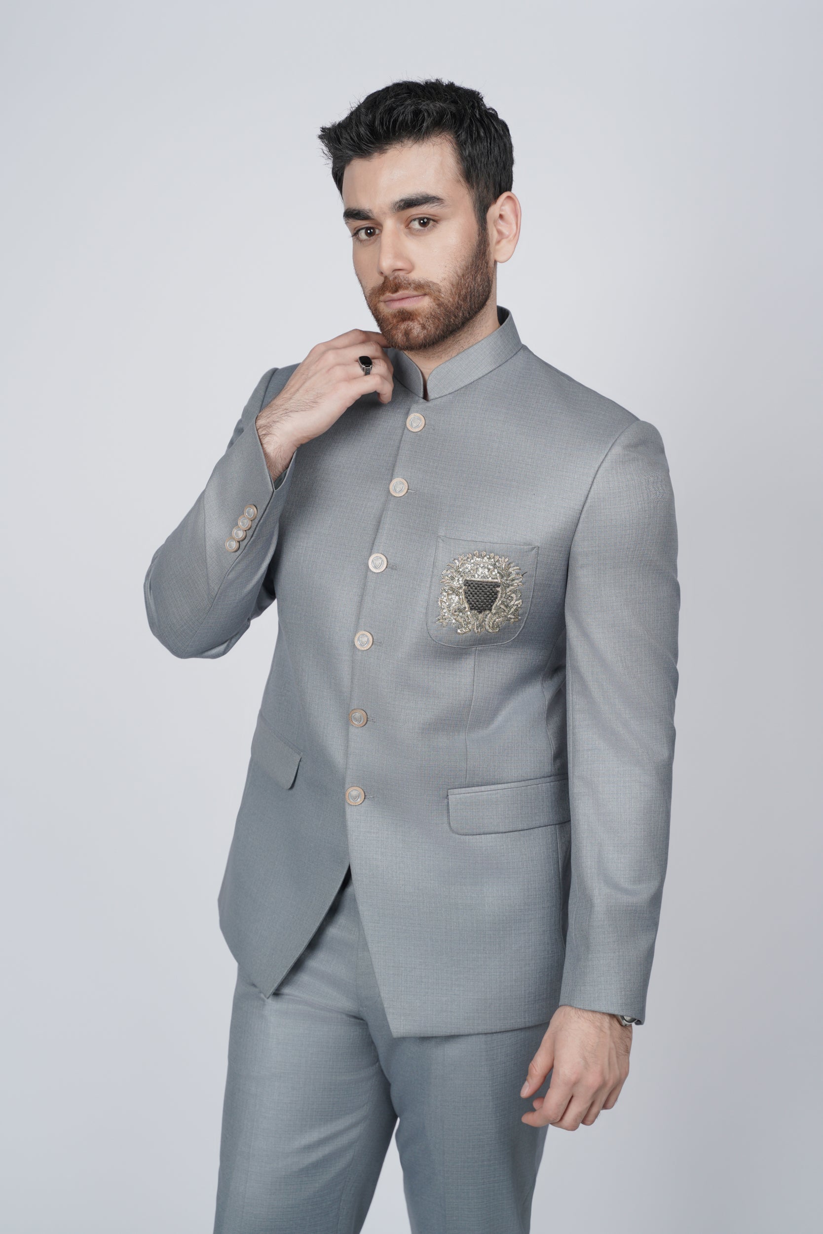 Elegant Gray Embroidered pocket prince suit