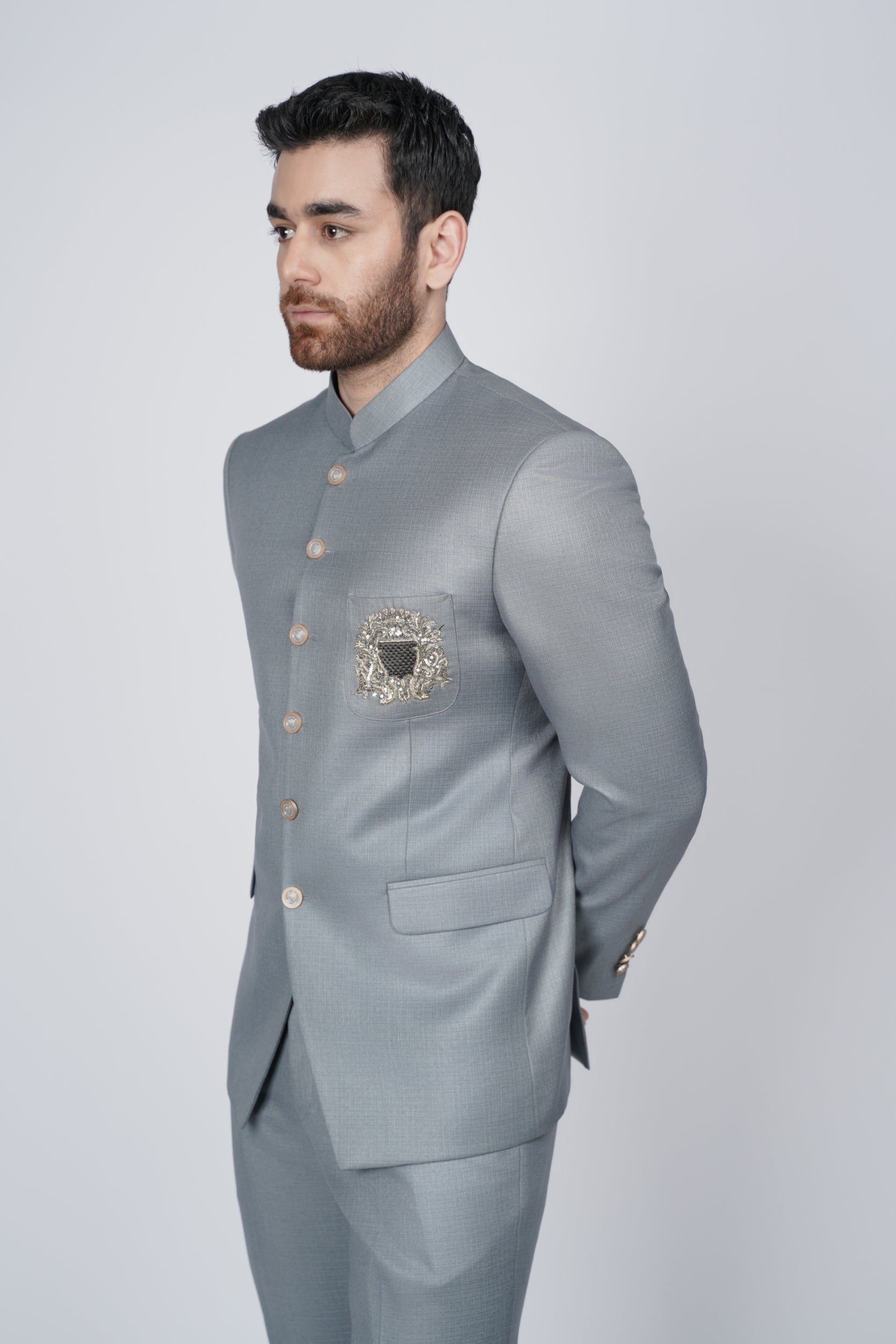 Elegant Gray Embroidered pocket prince suit