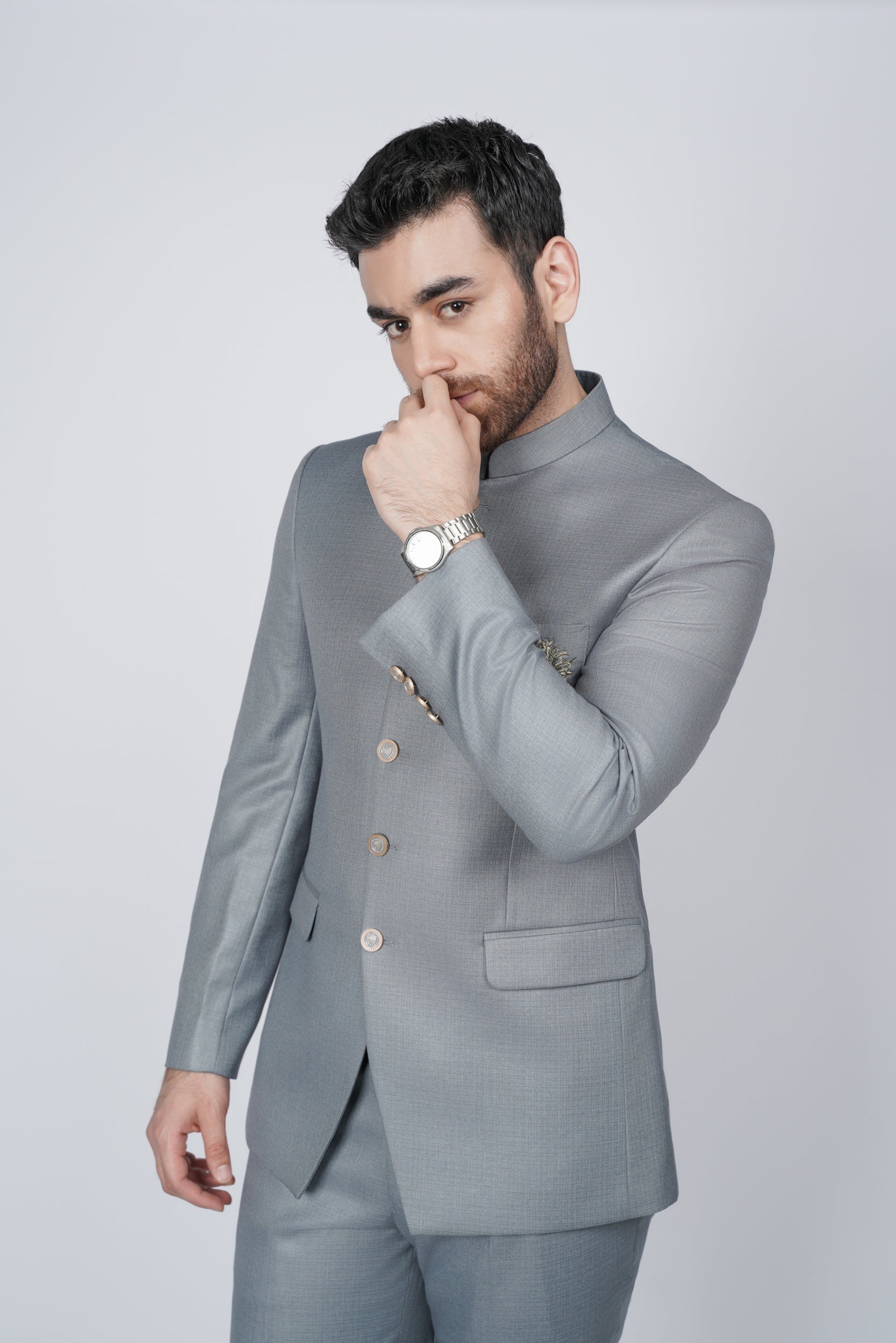 Elegant Gray Embroidered pocket prince suit