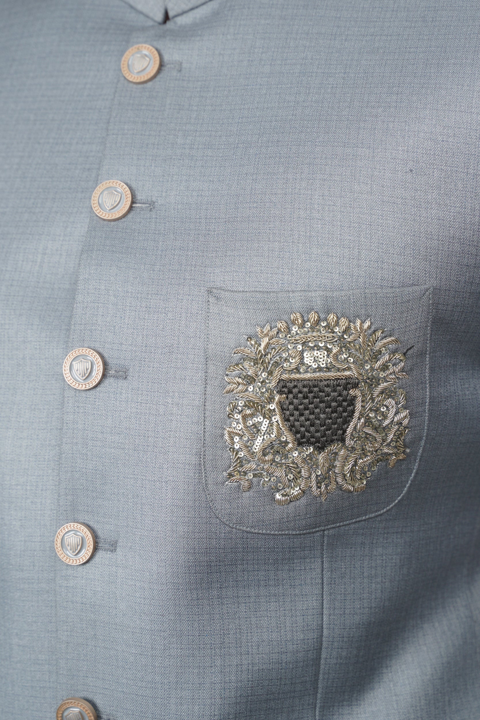 Elegant Gray Embroidered pocket prince suit