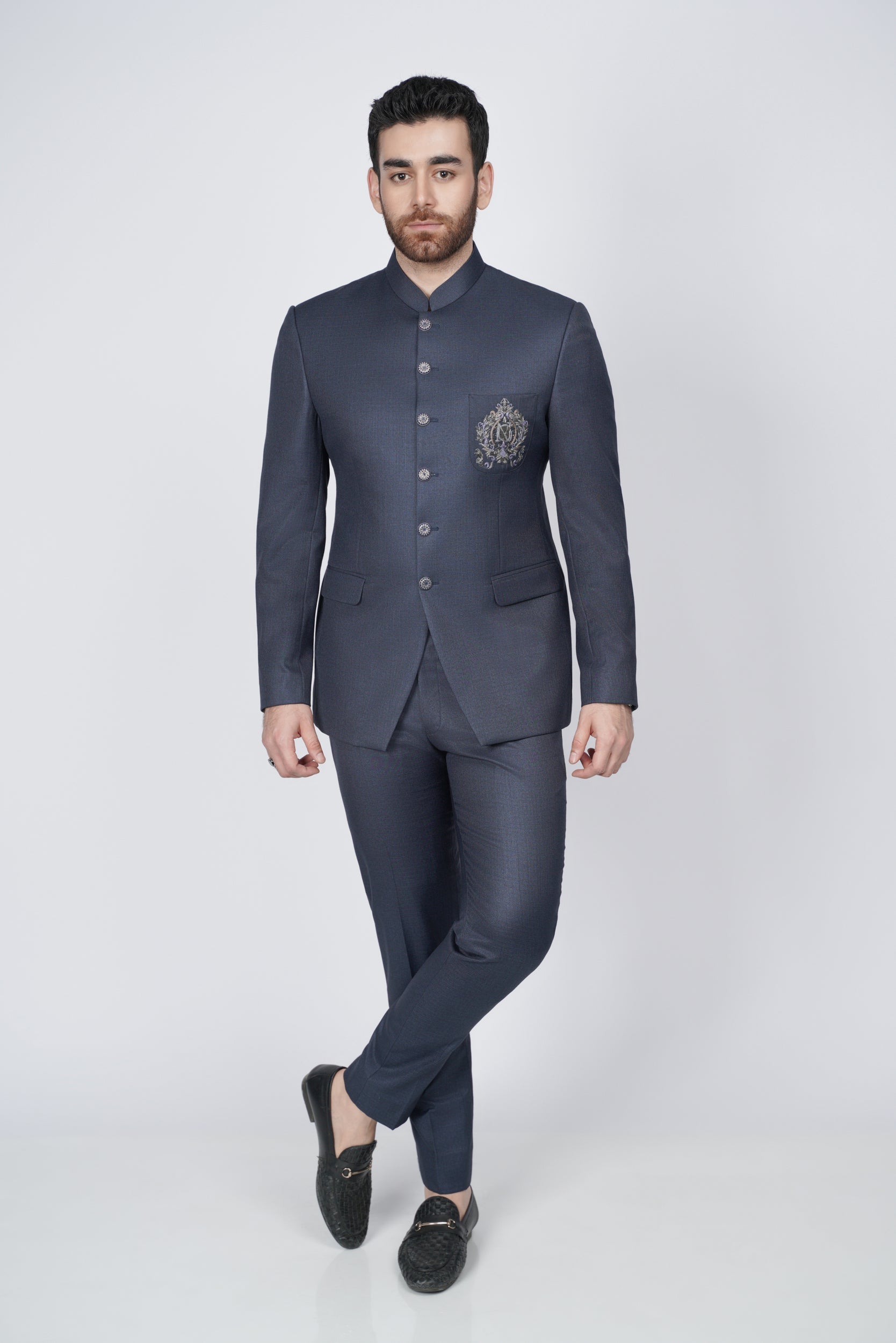 Navy blue embroidered pocket prince suit