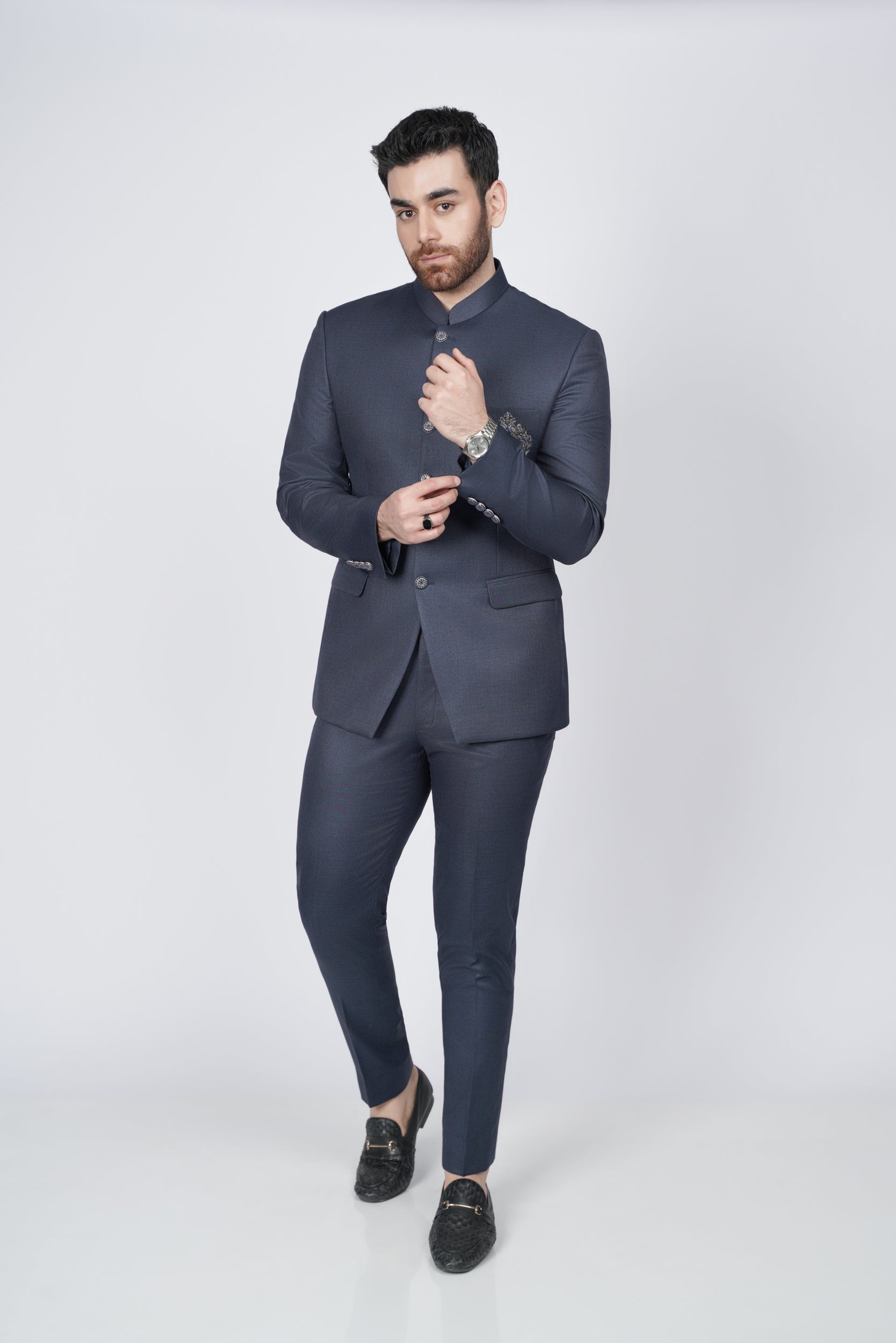 Navy blue embroidered pocket prince suit