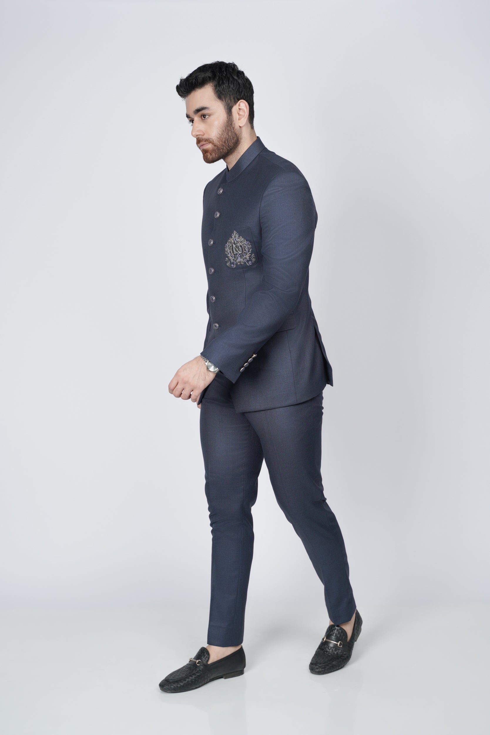 Navy blue embroidered pocket prince suit