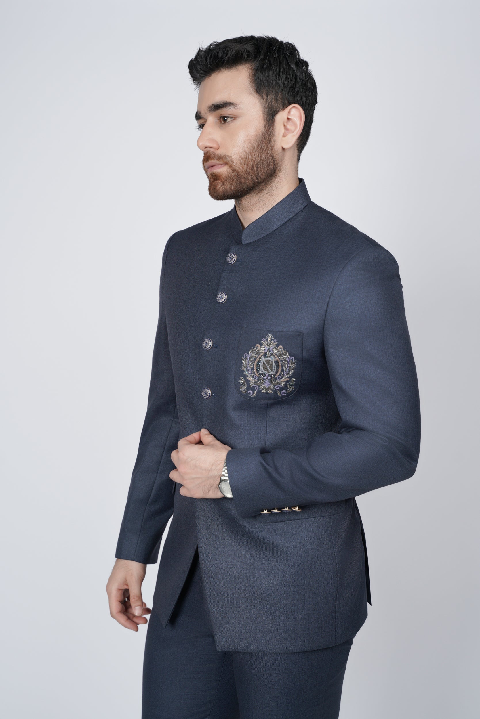 Navy blue embroidered pocket prince suit