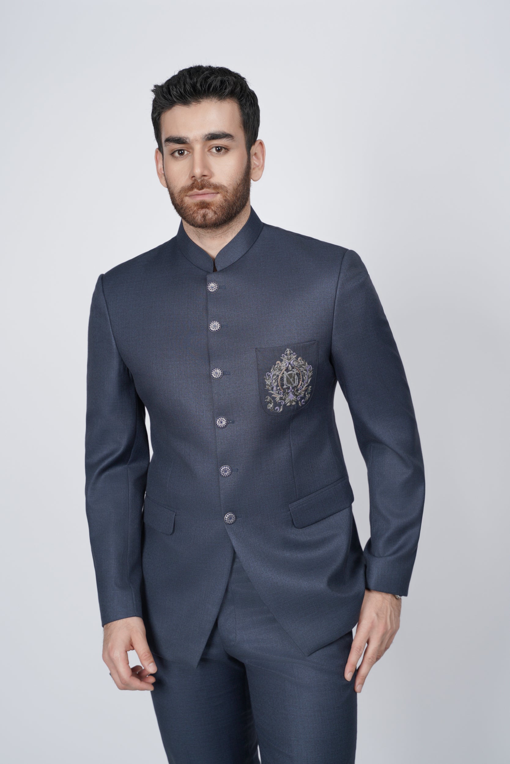 Navy blue embroidered pocket prince suit