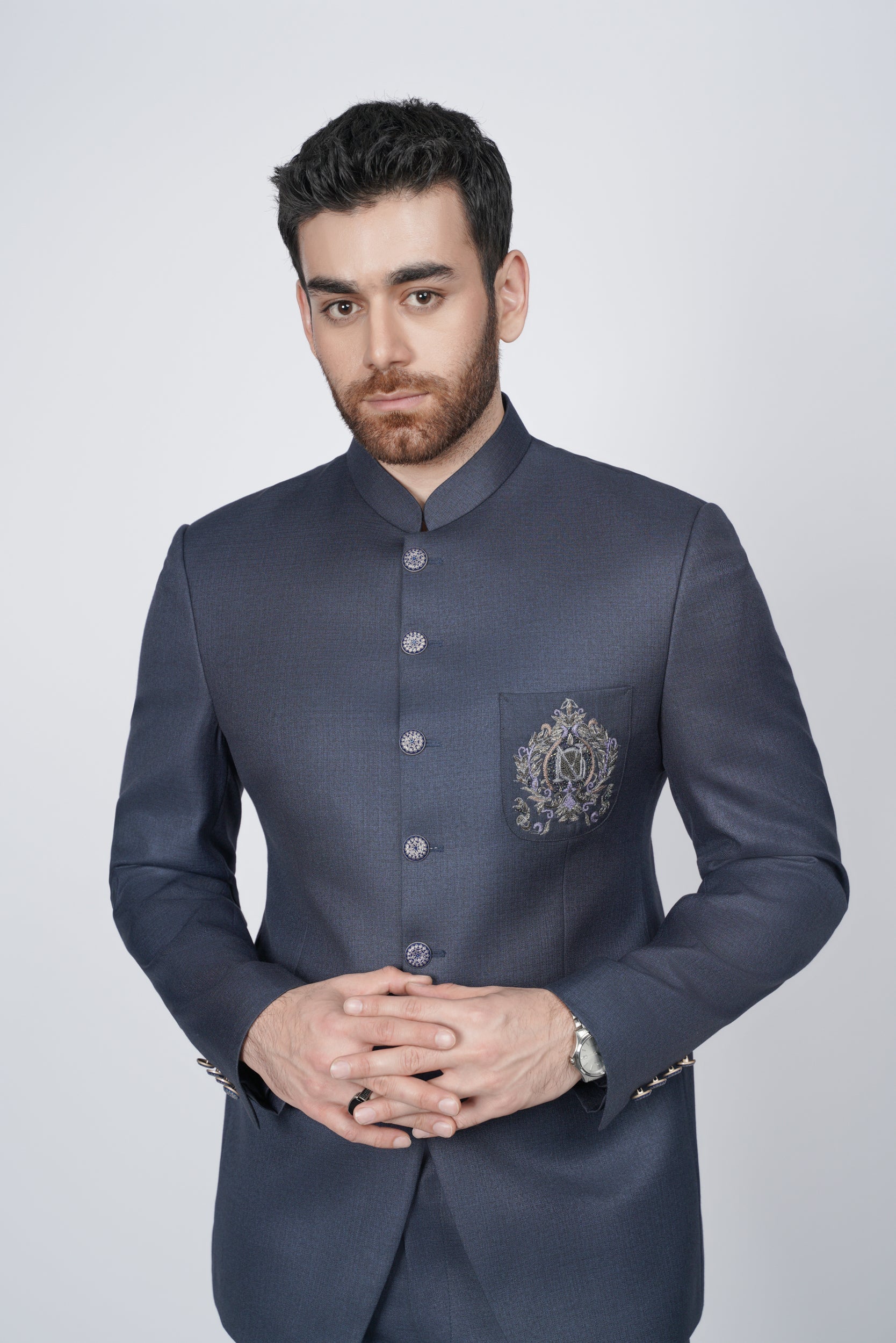 Navy blue embroidered pocket prince suit