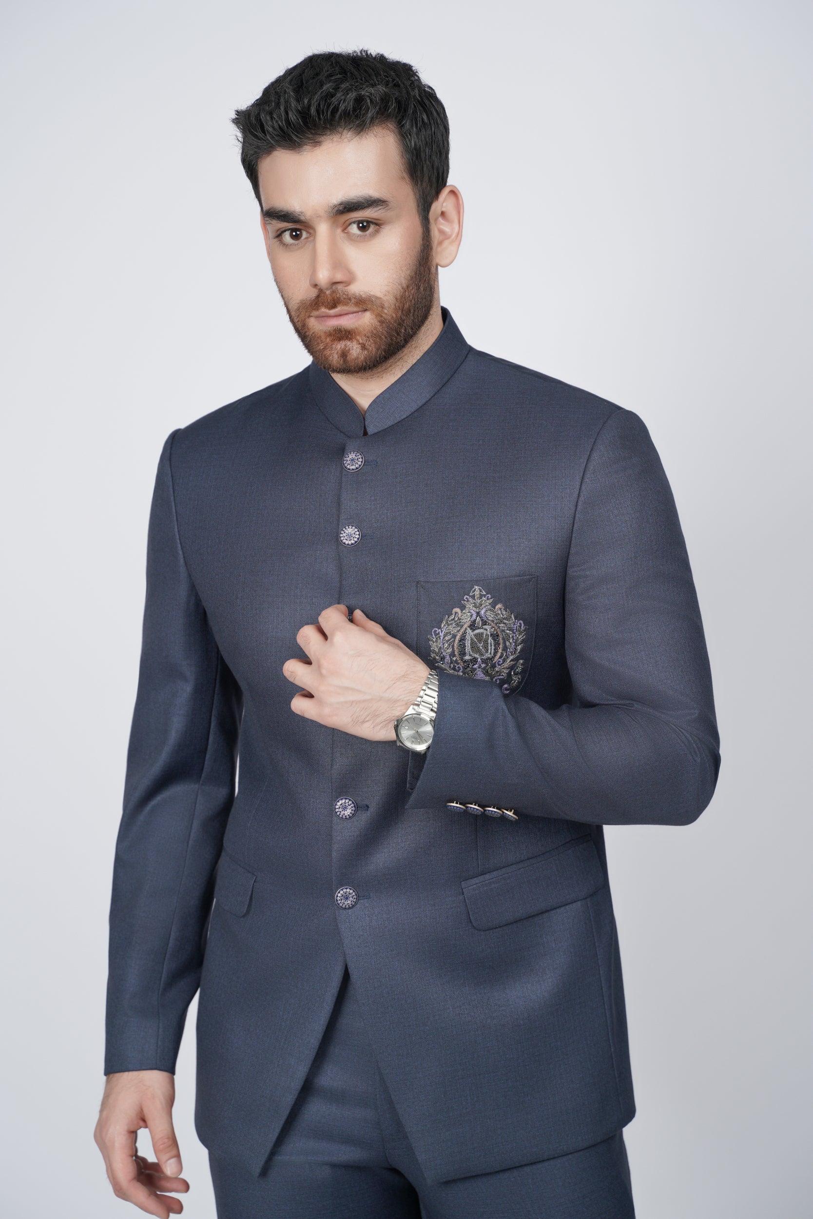 Navy blue embroidered pocket prince suit