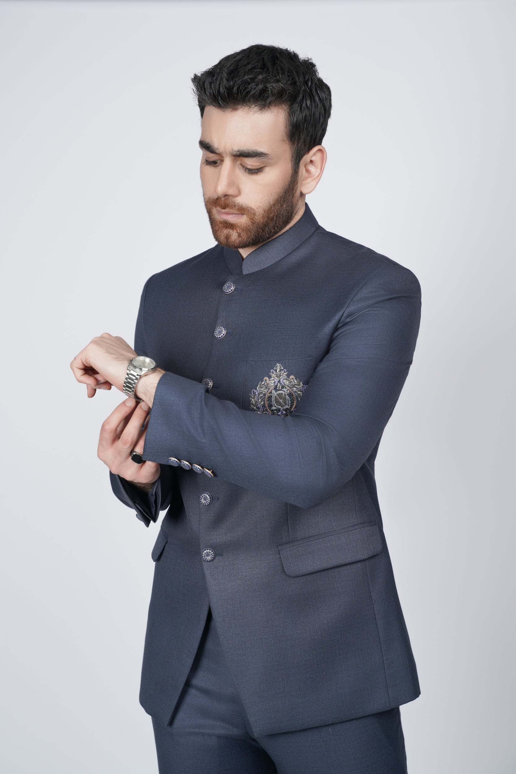 Navy blue embroidered pocket prince suit