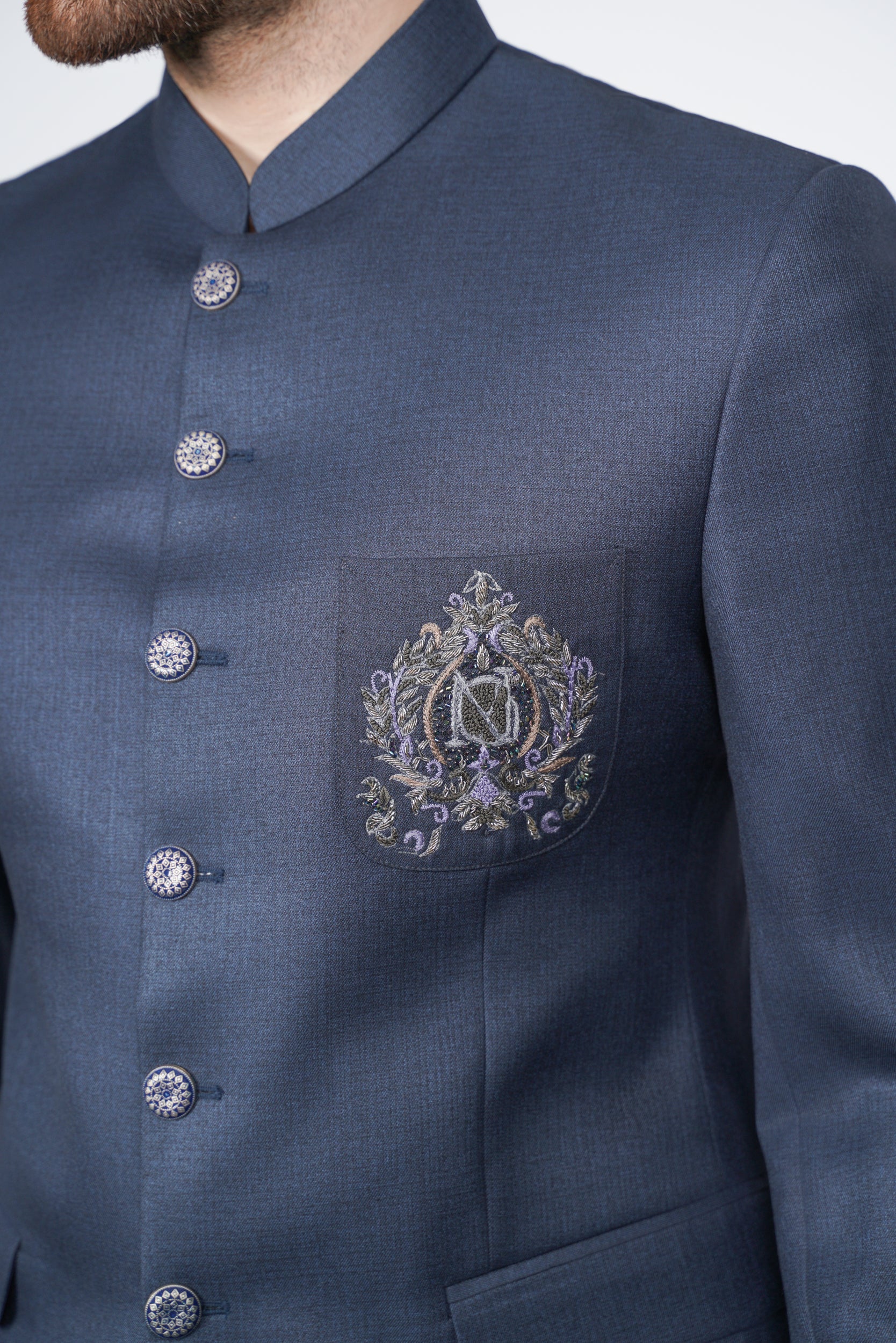 Navy blue embroidered pocket prince suit