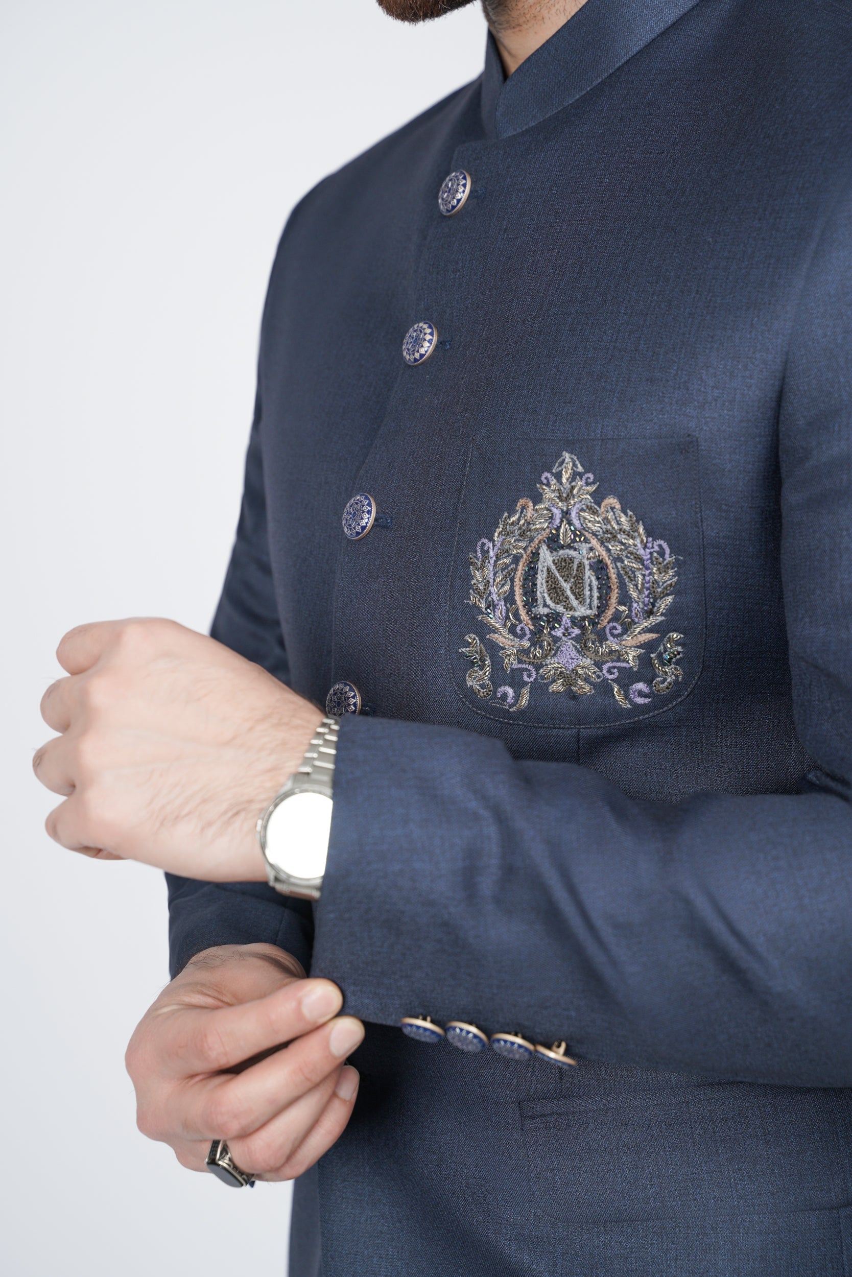 Navy blue embroidered pocket prince suit