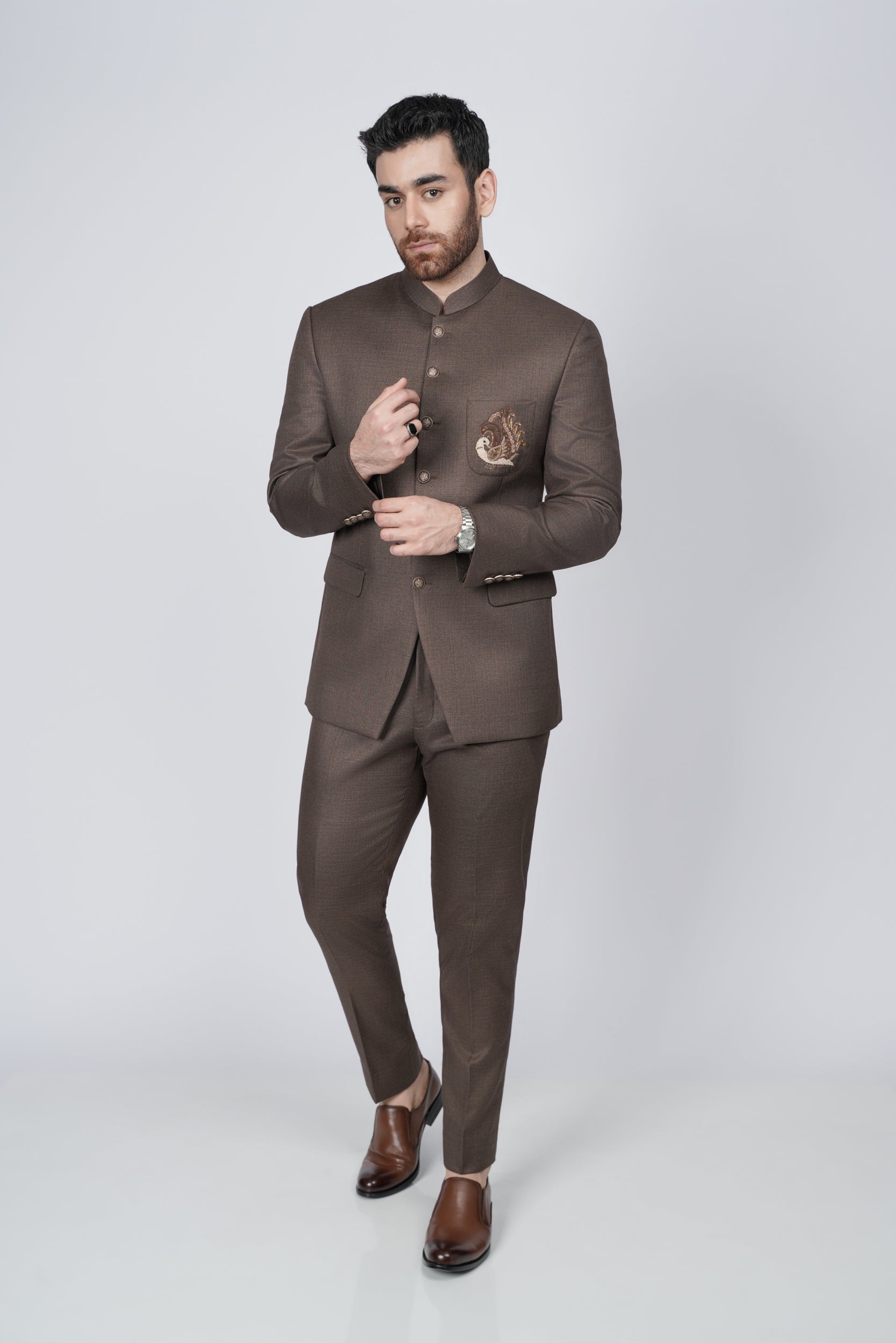 Solid brown embroidered pocket prince suit