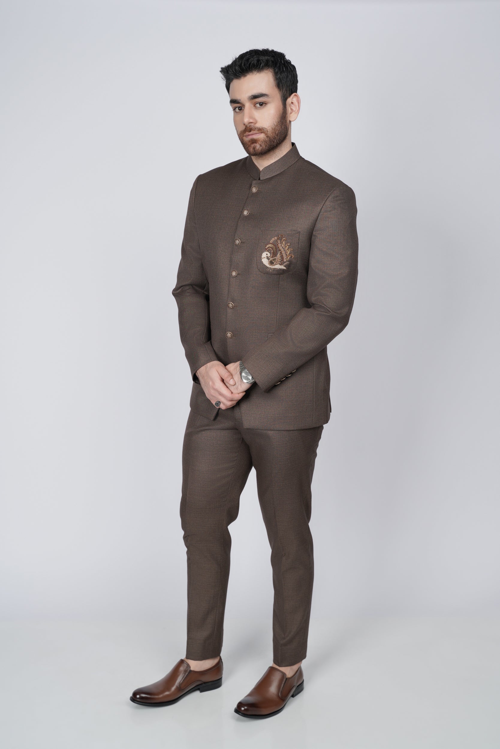 Solid brown embroidered pocket prince suit