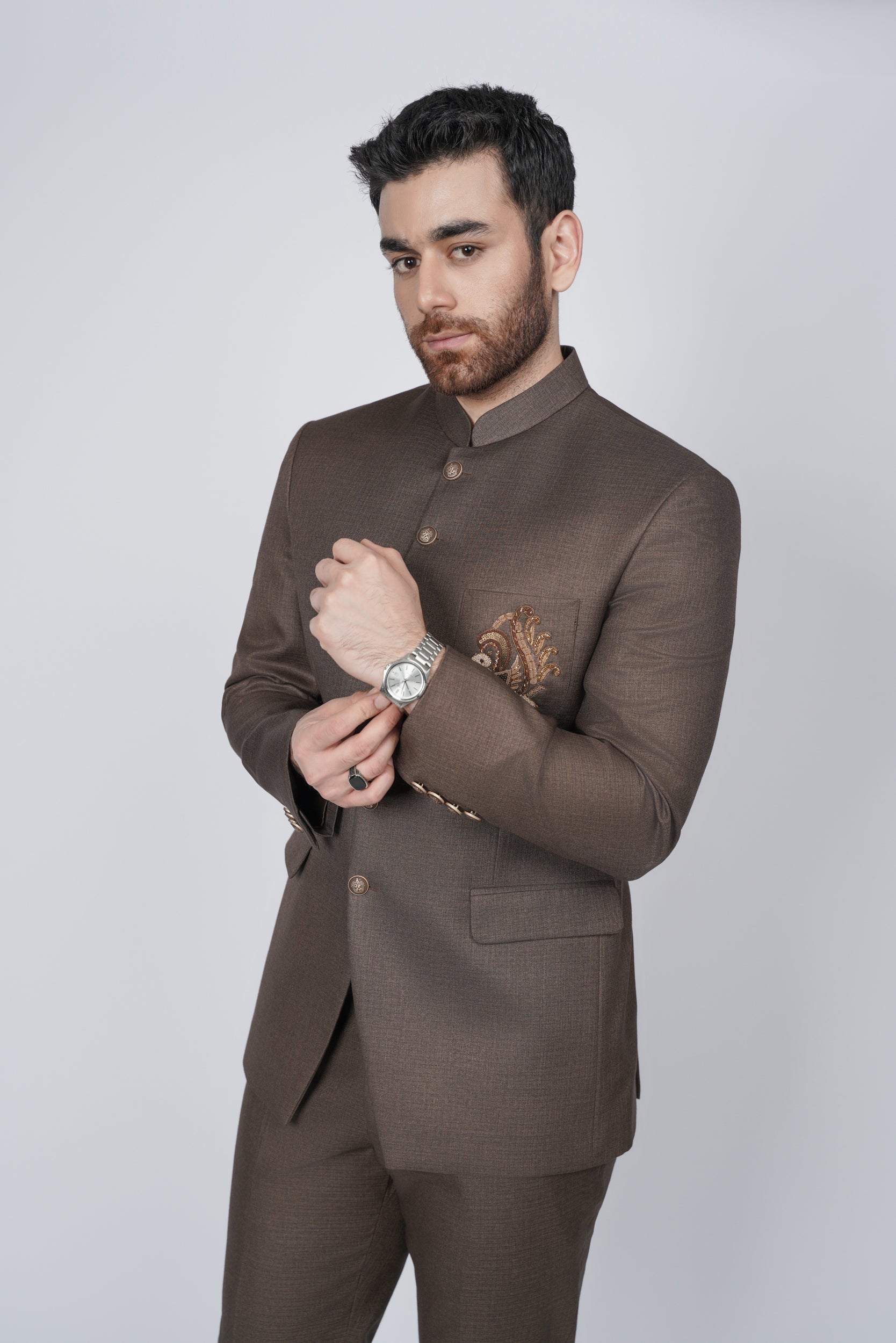 Solid brown embroidered pocket prince suit