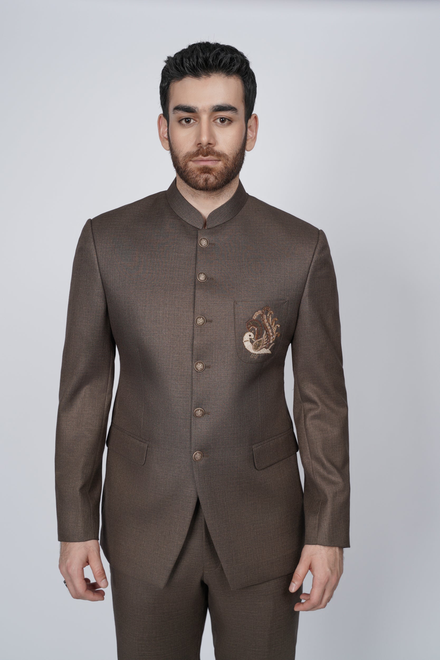 Solid brown embroidered pocket prince suit