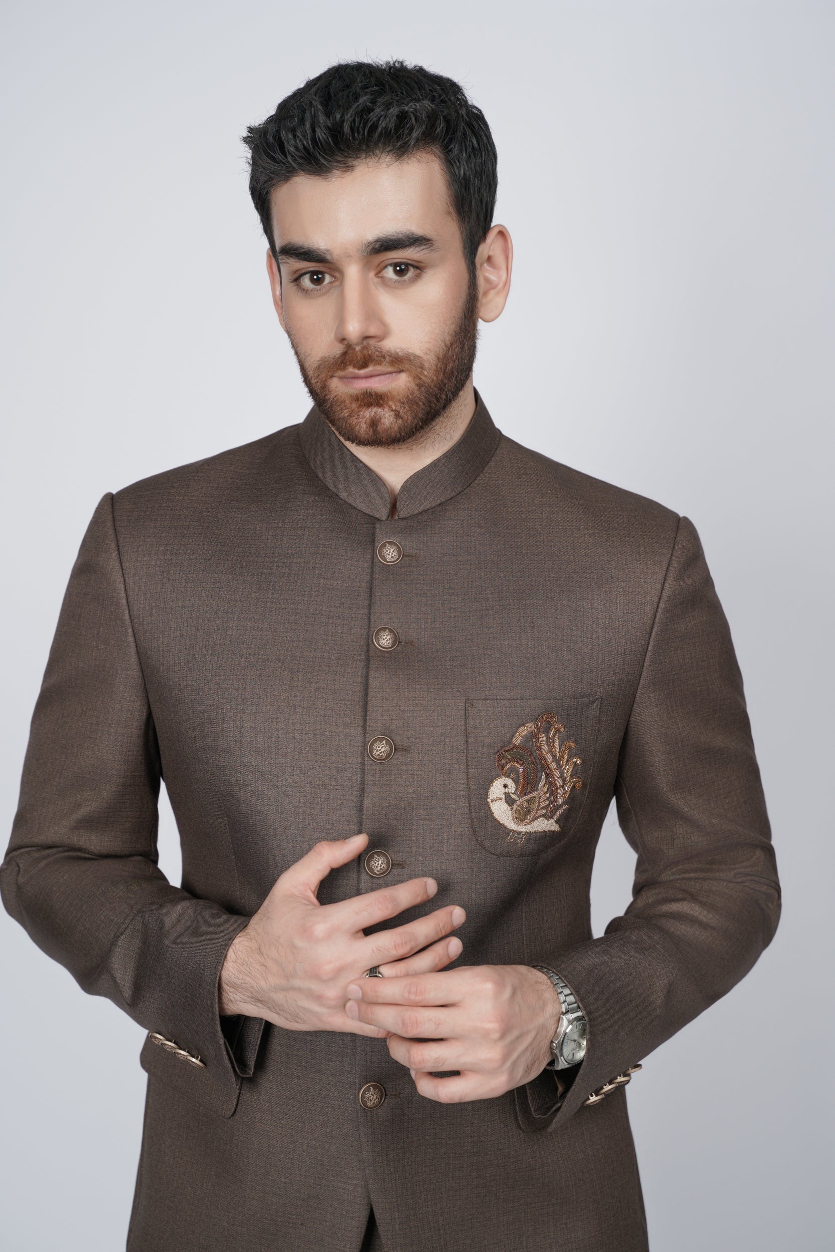 Solid brown embroidered pocket prince suit