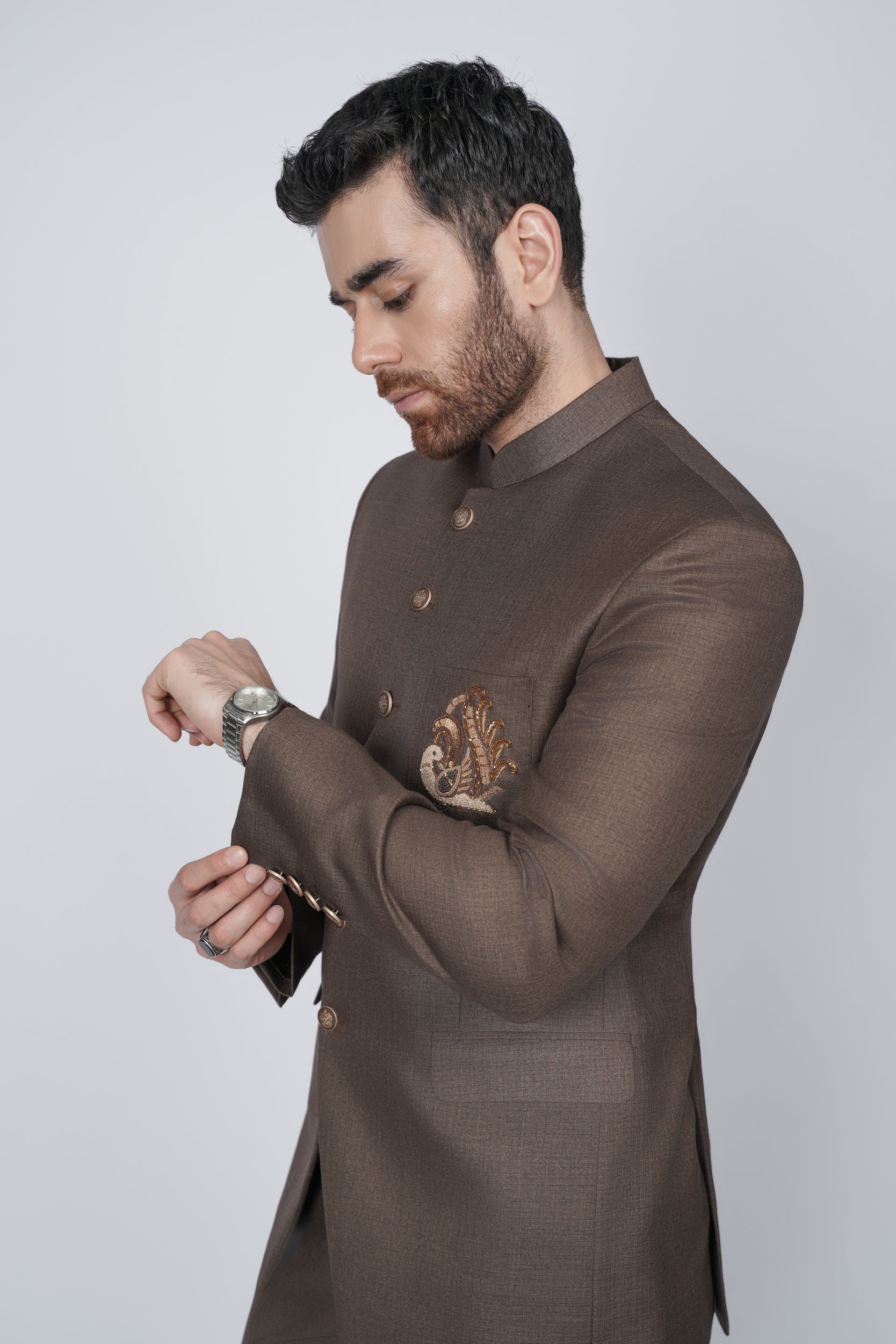 Solid brown embroidered pocket prince suit