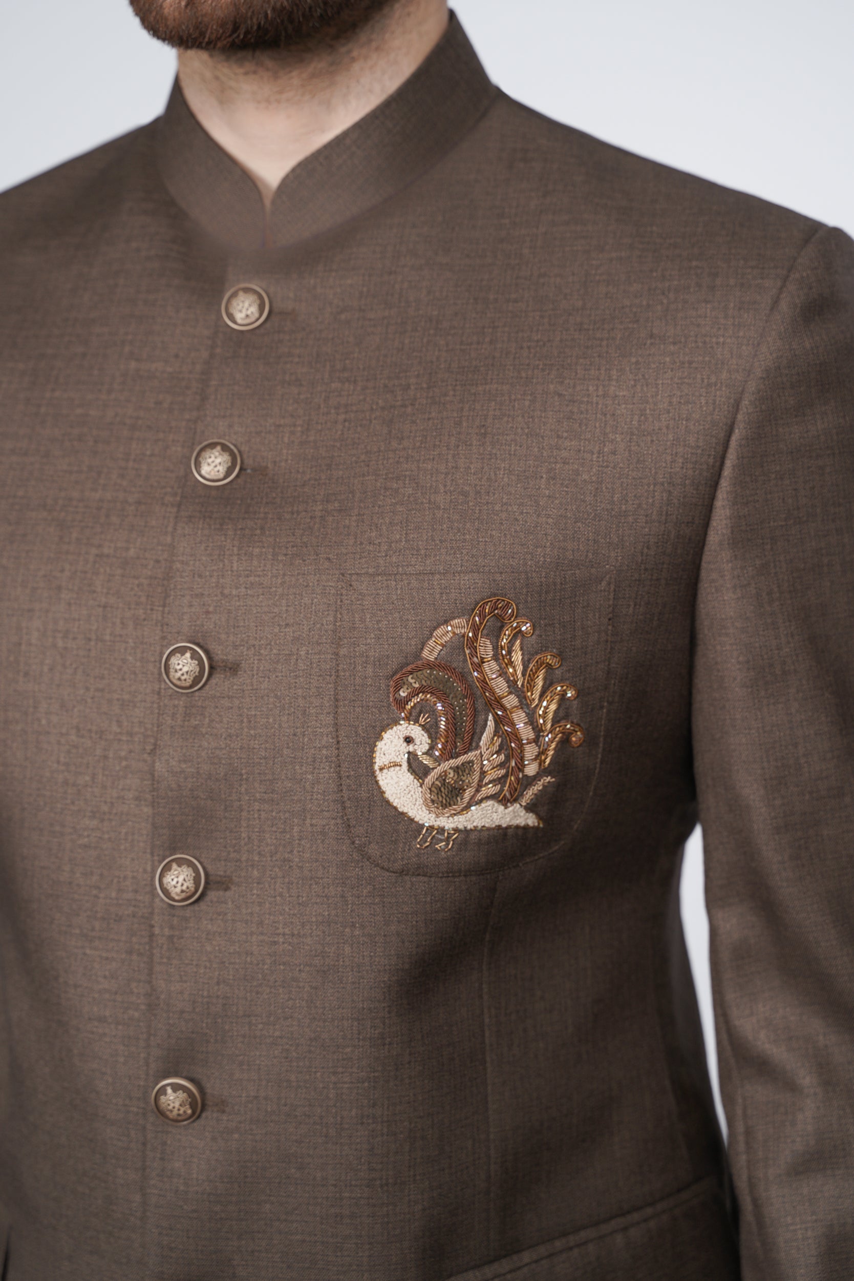 Solid brown embroidered pocket prince suit