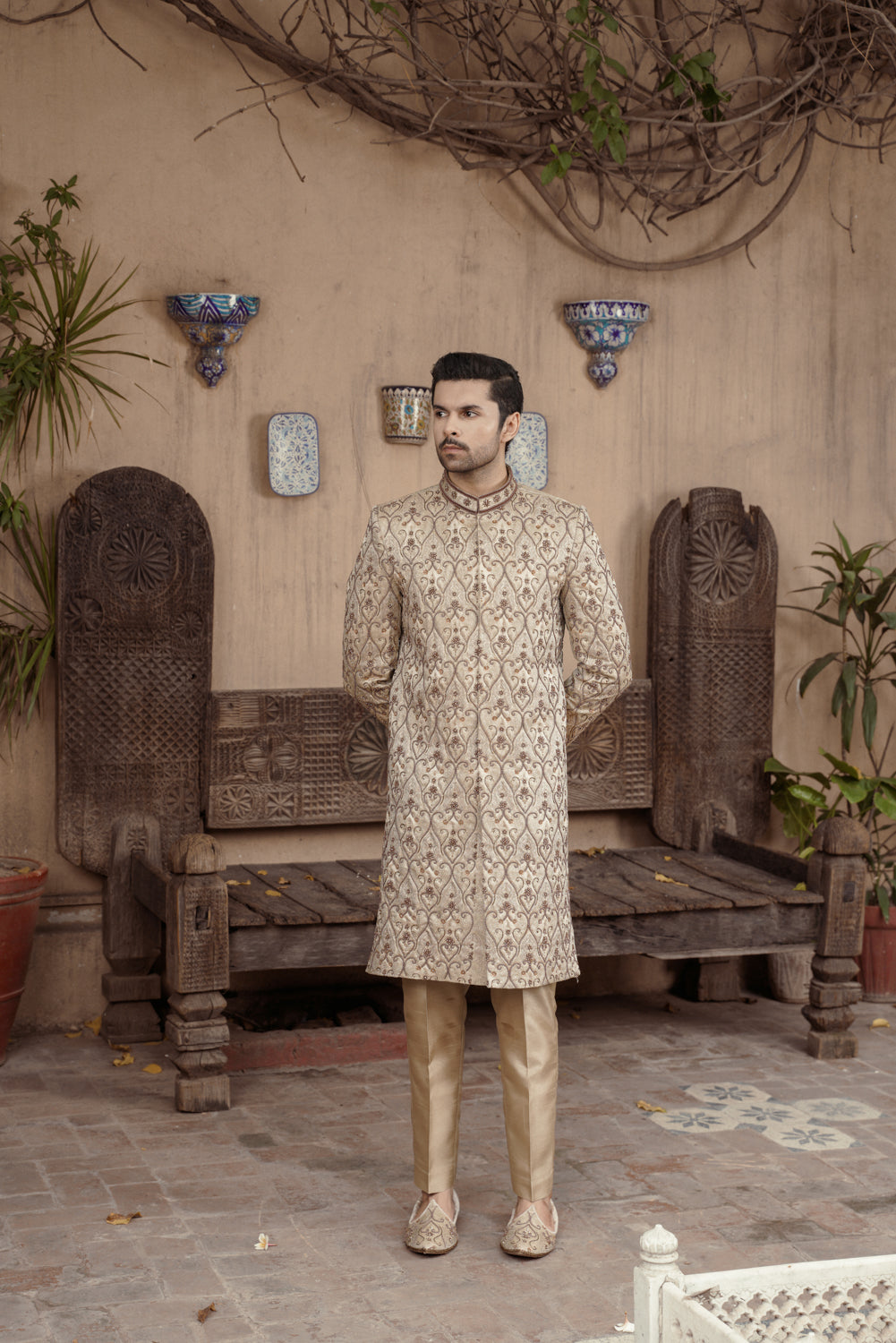 Beige Gold embroidered Sherwani