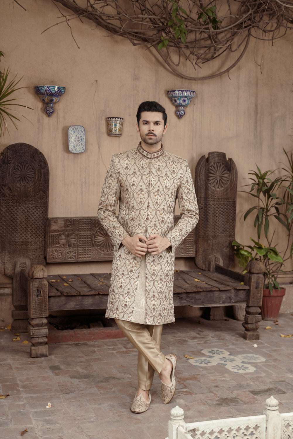 Beige Gold embroidered Sherwani