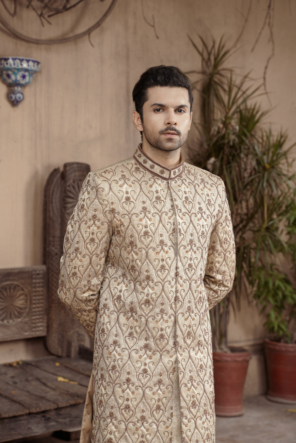 Beige Gold embroidered Sherwani