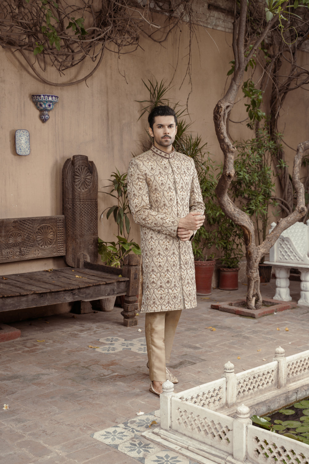 Beige Gold embroidered Sherwani