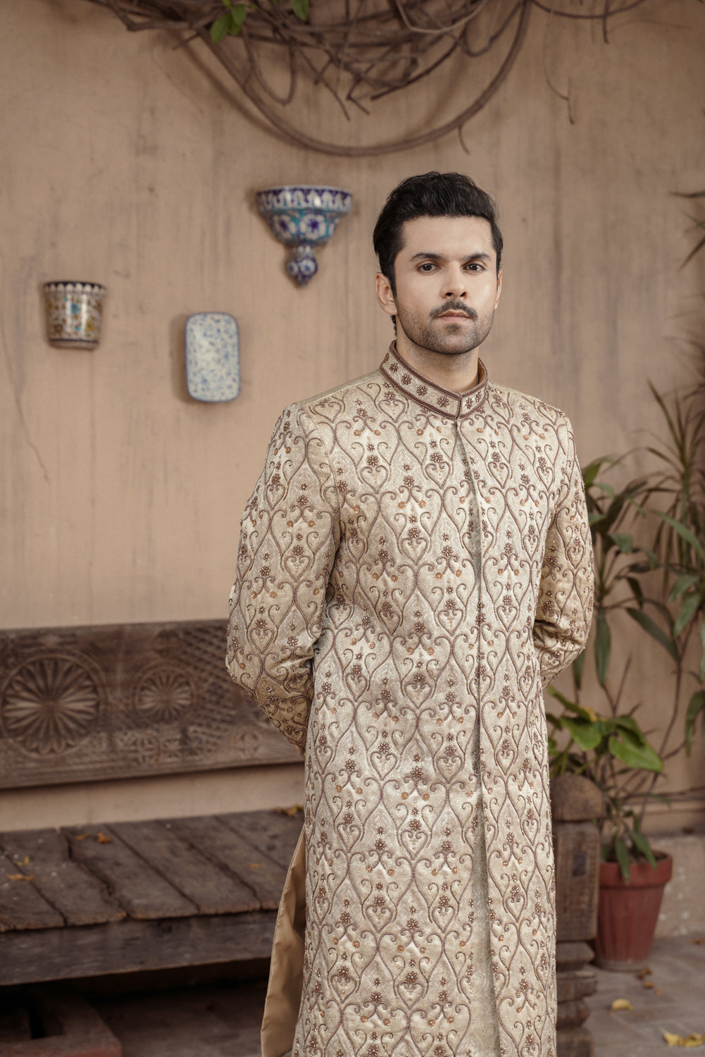 Beige Gold embroidered Sherwani