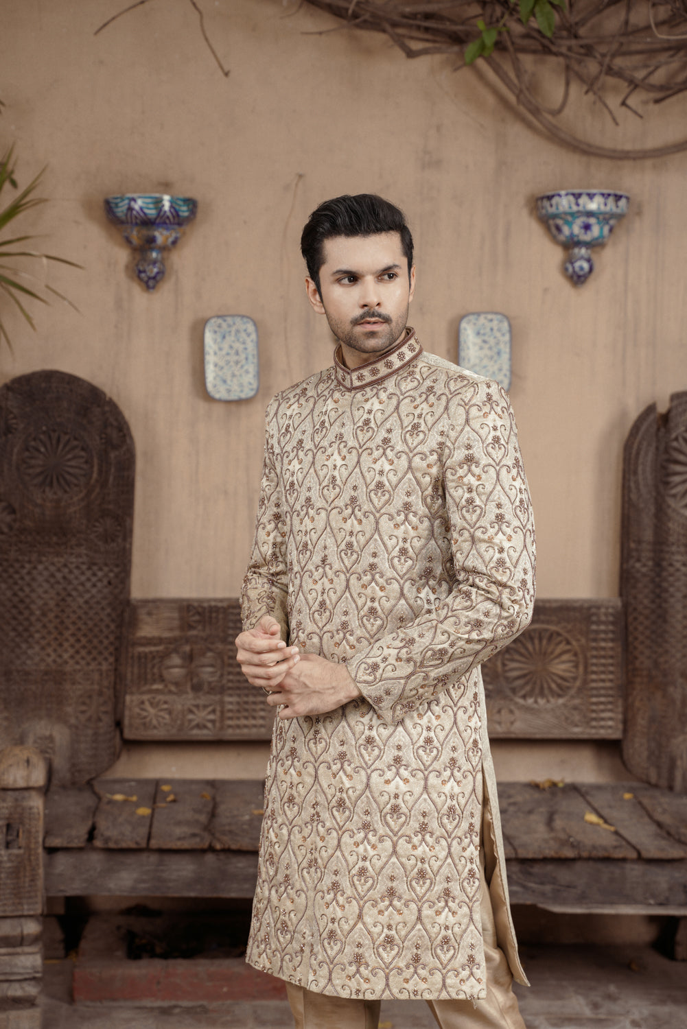 Beige Gold embroidered Sherwani