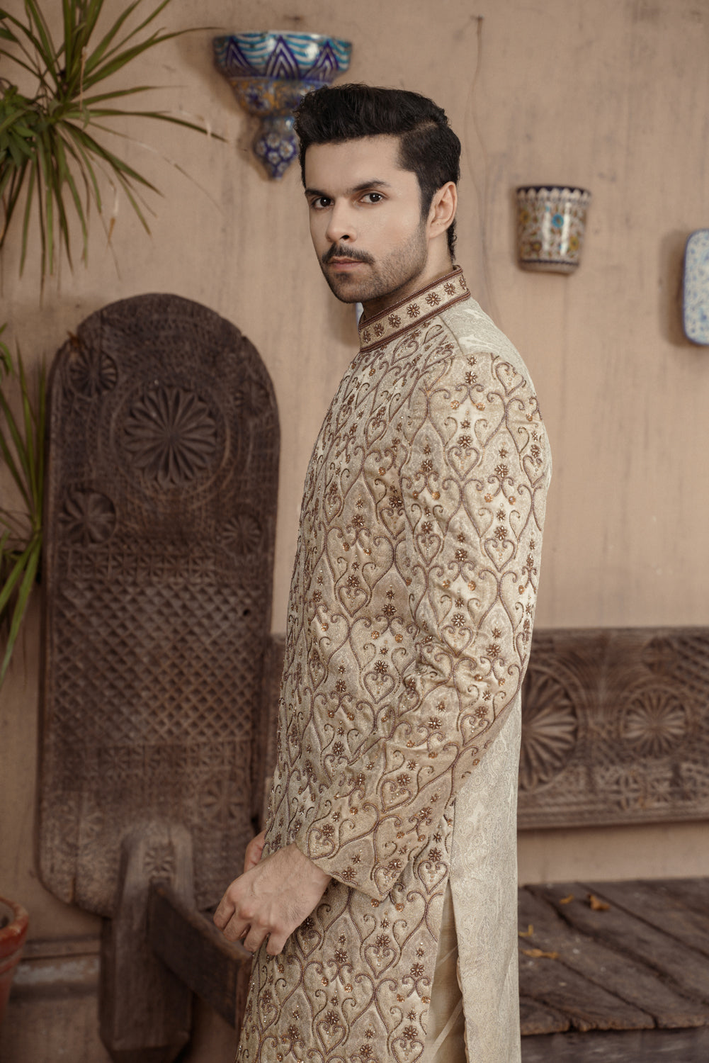 Beige Gold embroidered Sherwani