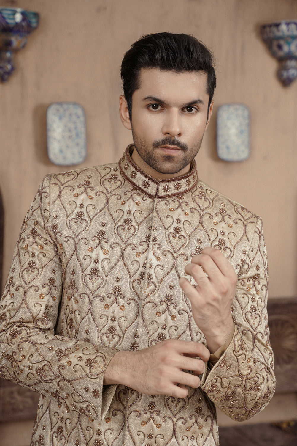 Beige Gold embroidered Sherwani