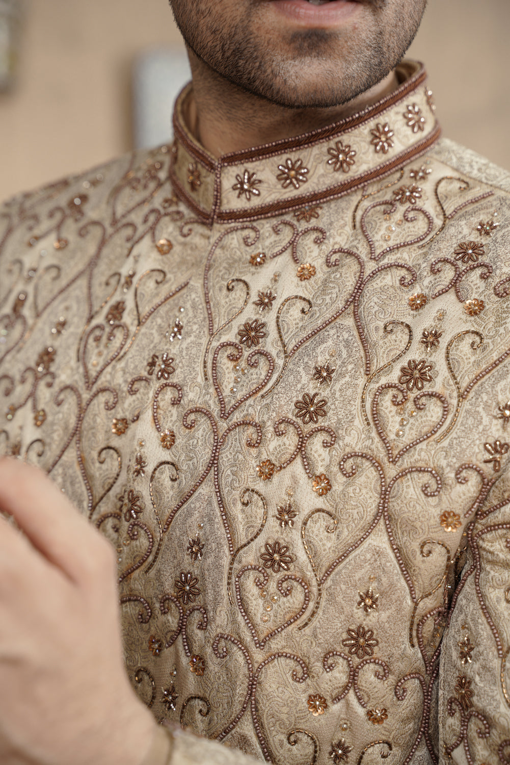 Beige Gold embroidered Sherwani