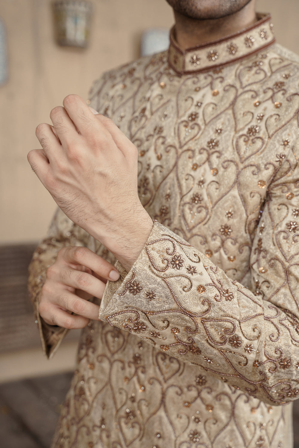 Beige Gold embroidered Sherwani