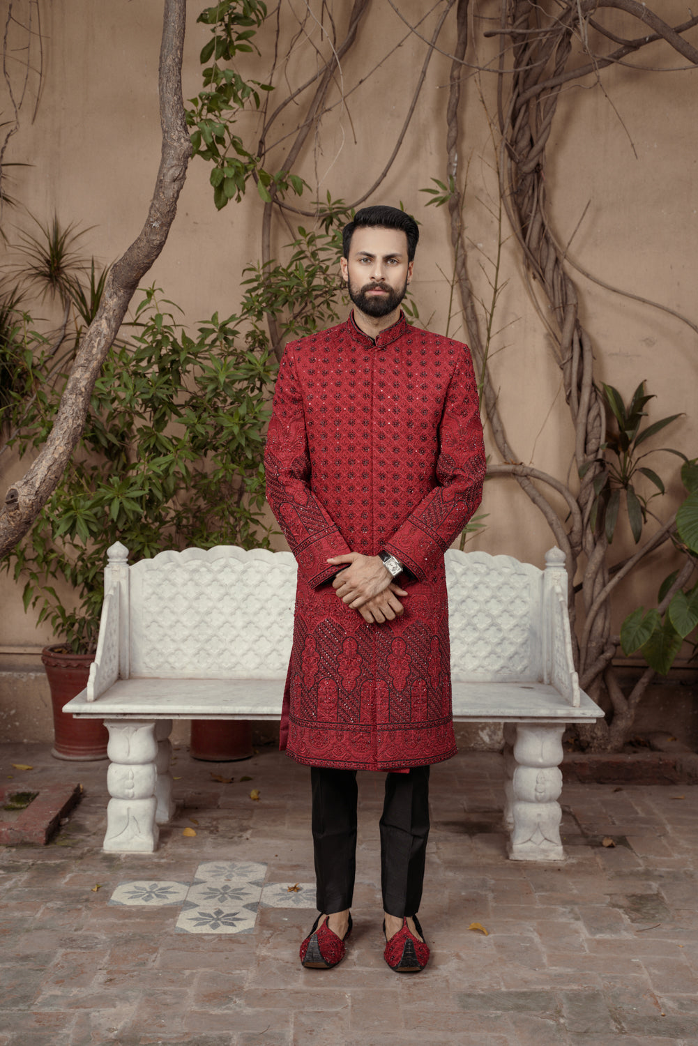 Crimson ruby embroidered Sherwani