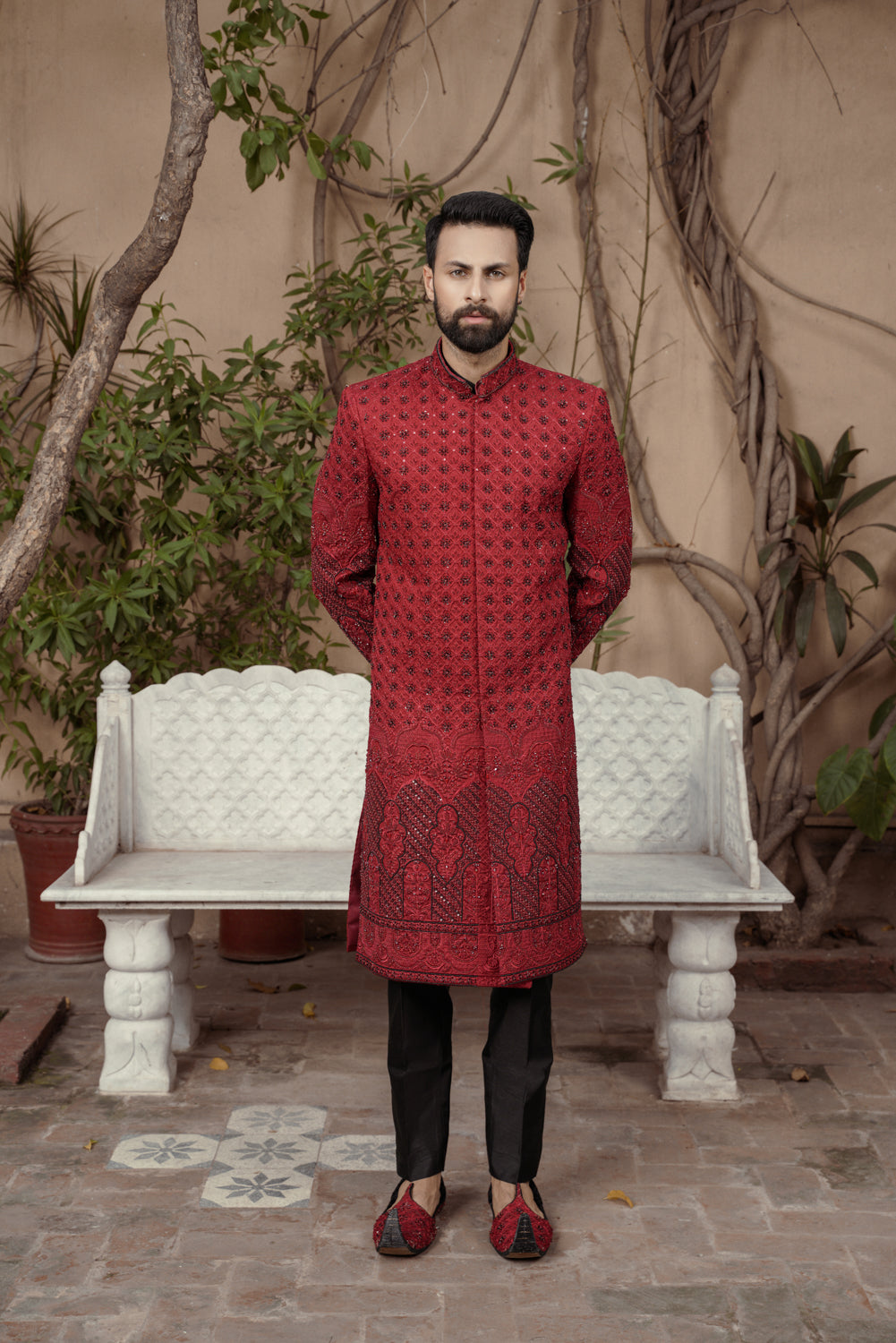 Crimson ruby embroidered Sherwani