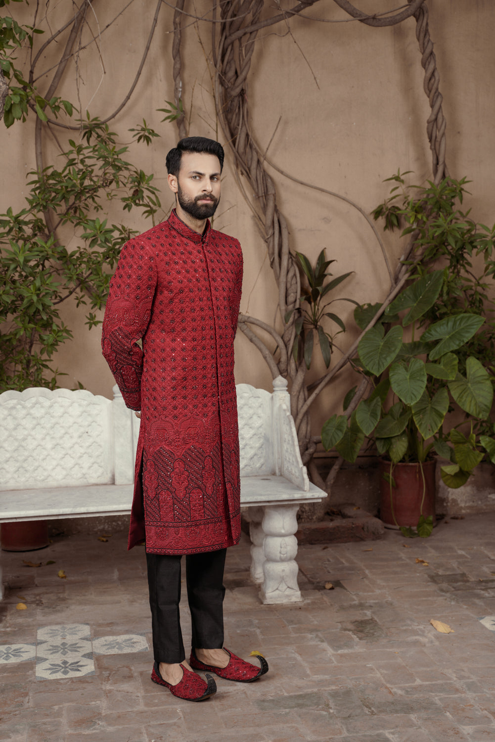 Crimson ruby embroidered Sherwani